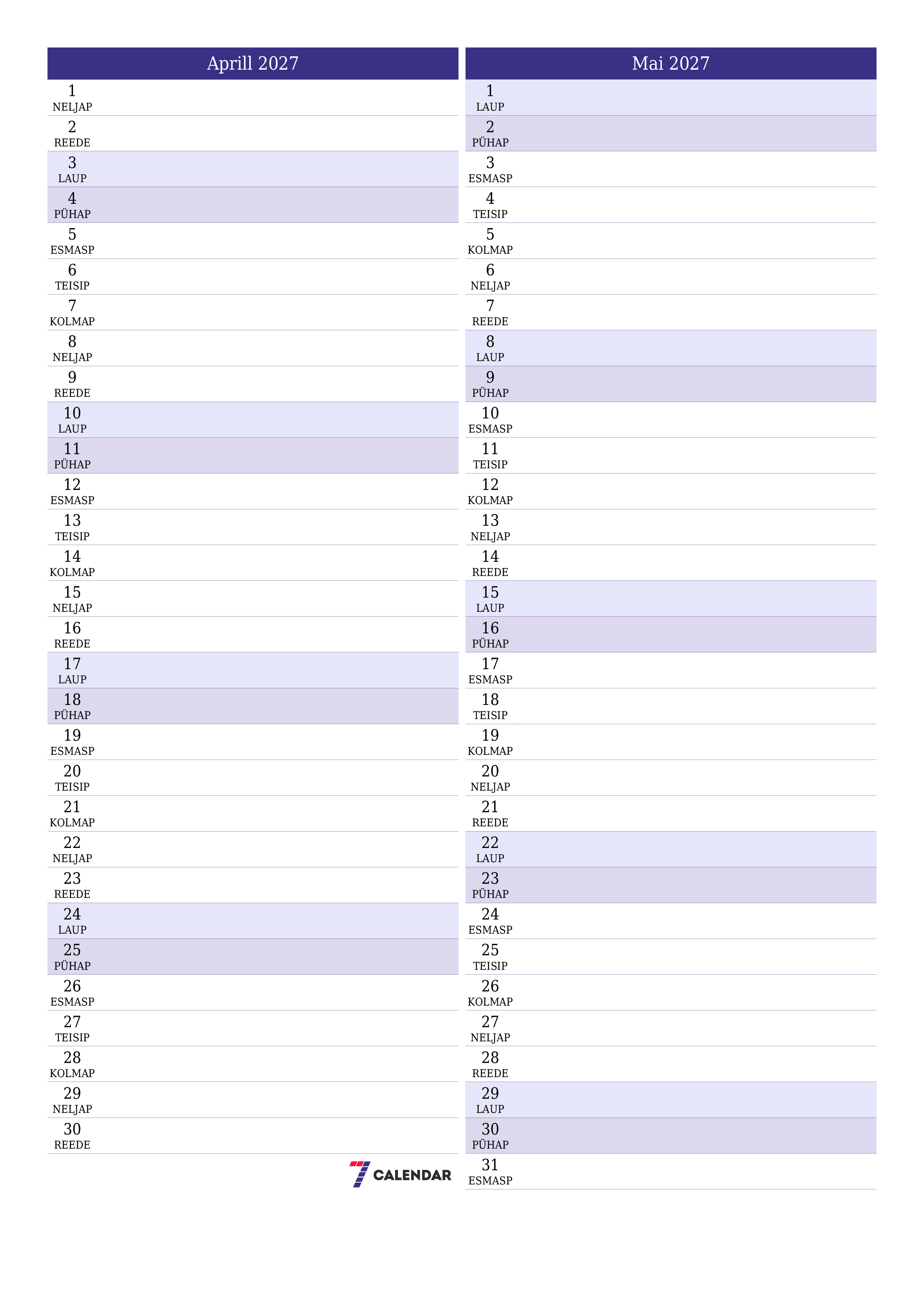 Tühjendage kuu Aprill 2027 kuuplaneerija märkmetega, salvestage ja printige PDF-i PNG Estonian