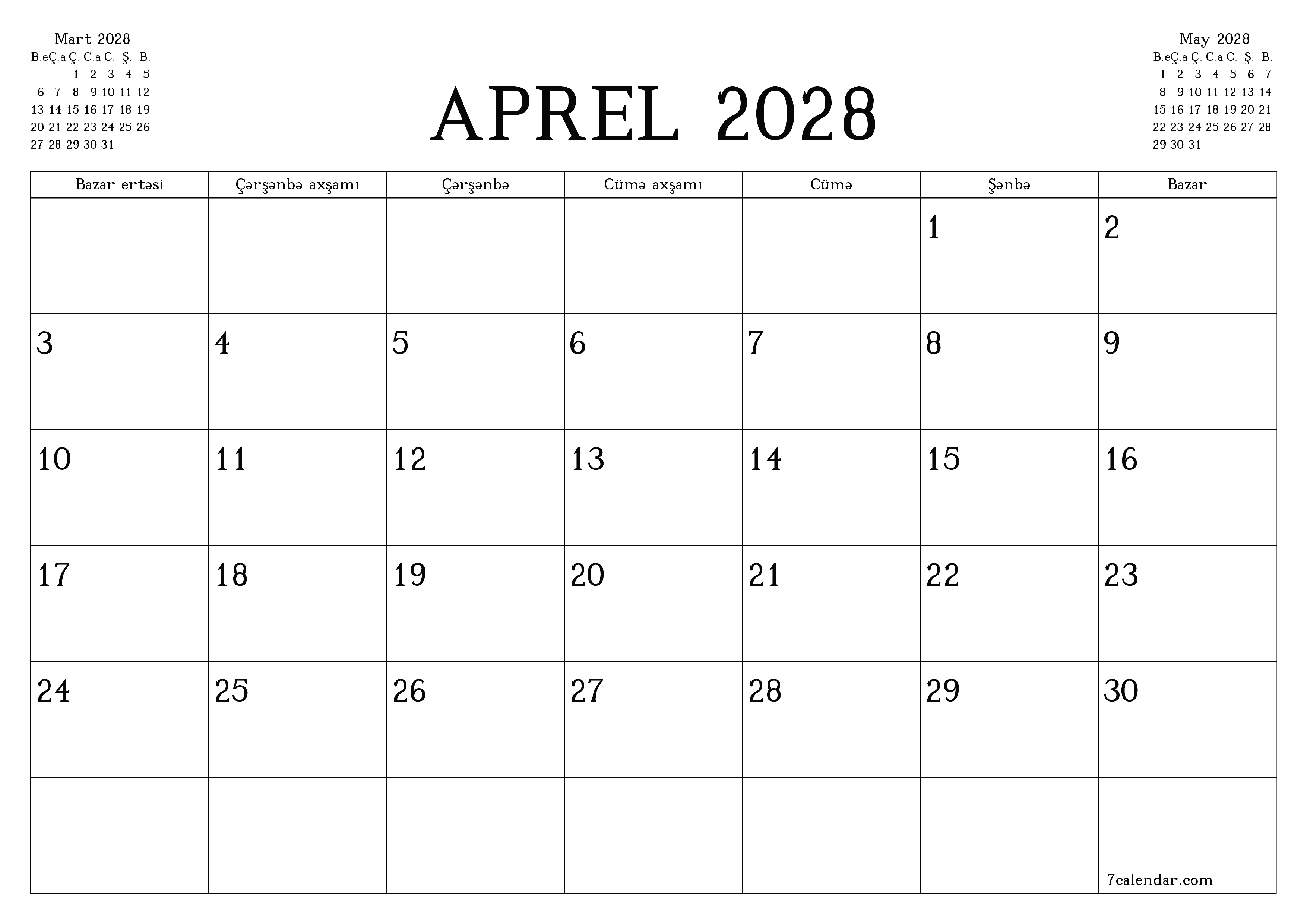 Aprel 2028 ayı üçün qeydlər ilə boş aylıq planlayıcı, qeyd edin və PDF-ə yazdırın PNG Azerbaijani