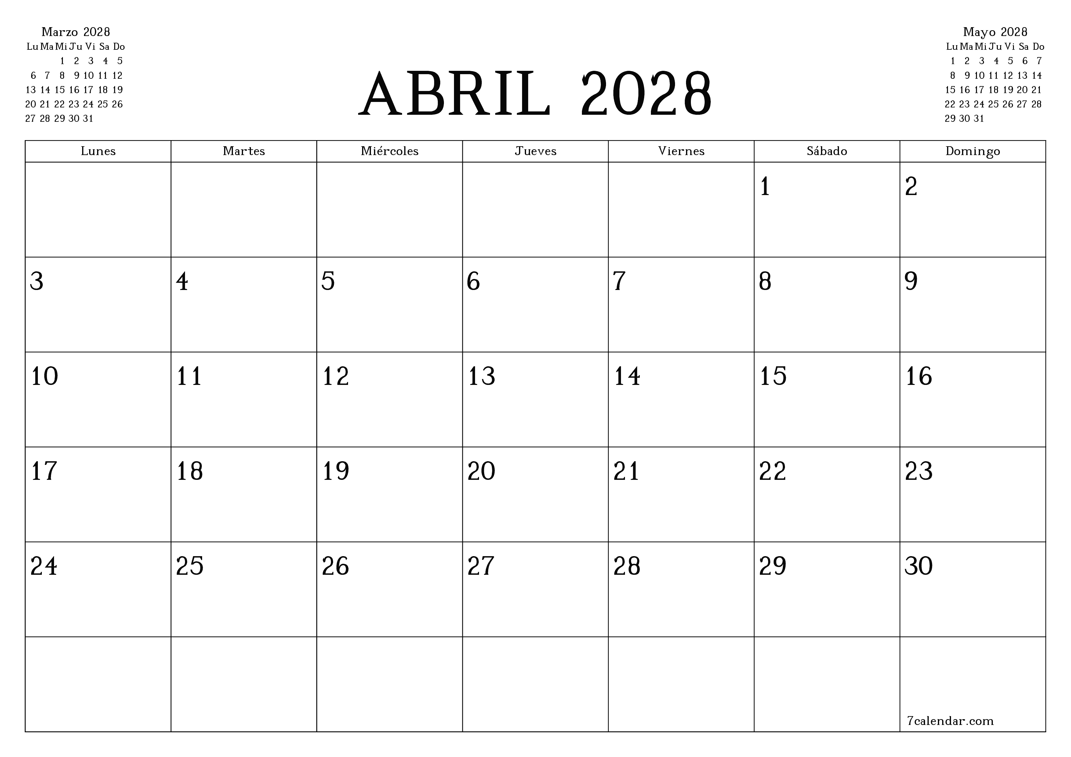 Planificador mensual vacío para el mes Abril 2028 con notas, guardar e imprimir en PDF PNG Spanish