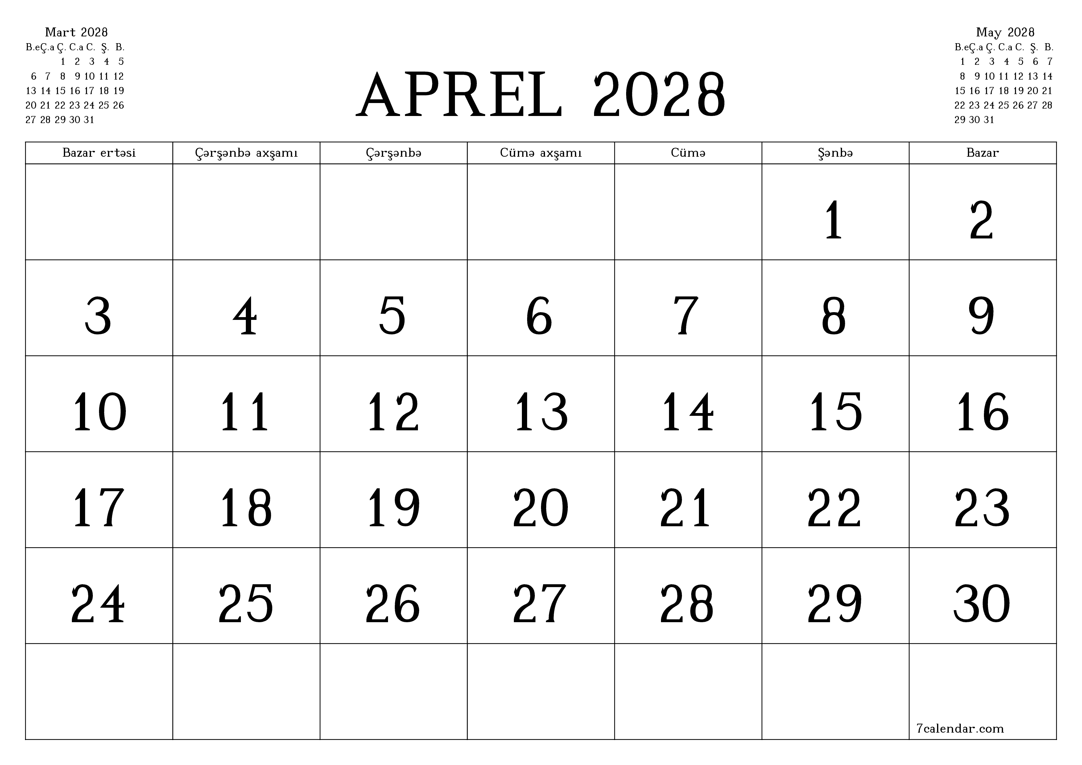 Aprel 2028 ayı üçün qeydlər ilə boş aylıq planlayıcı, qeyd edin və PDF-ə yazdırın PNG Azerbaijani