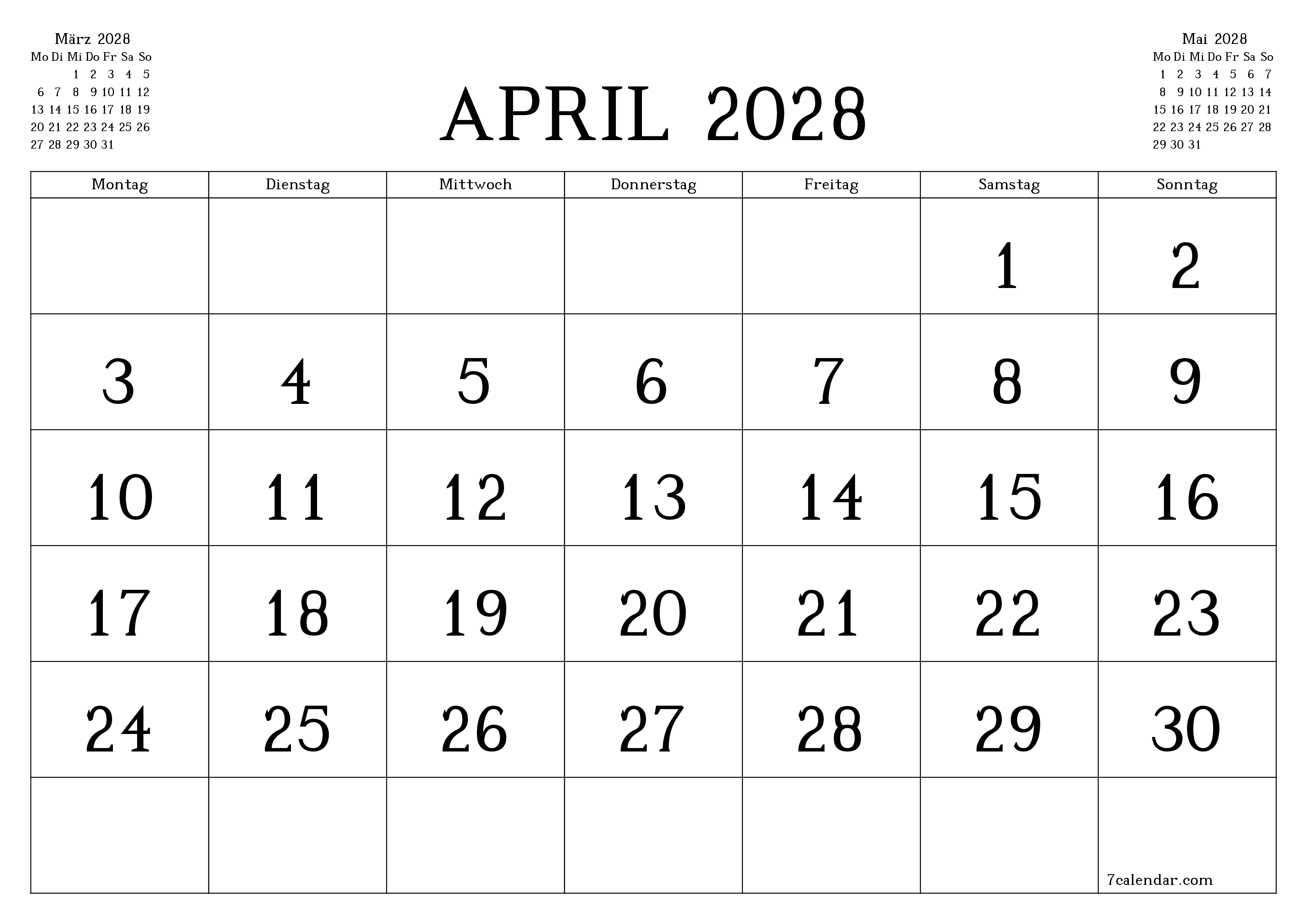 Monatsplaner für Monat April 2028 mit Notizen leeren, speichern und als PDF PNG German - 7calendar.com drucken