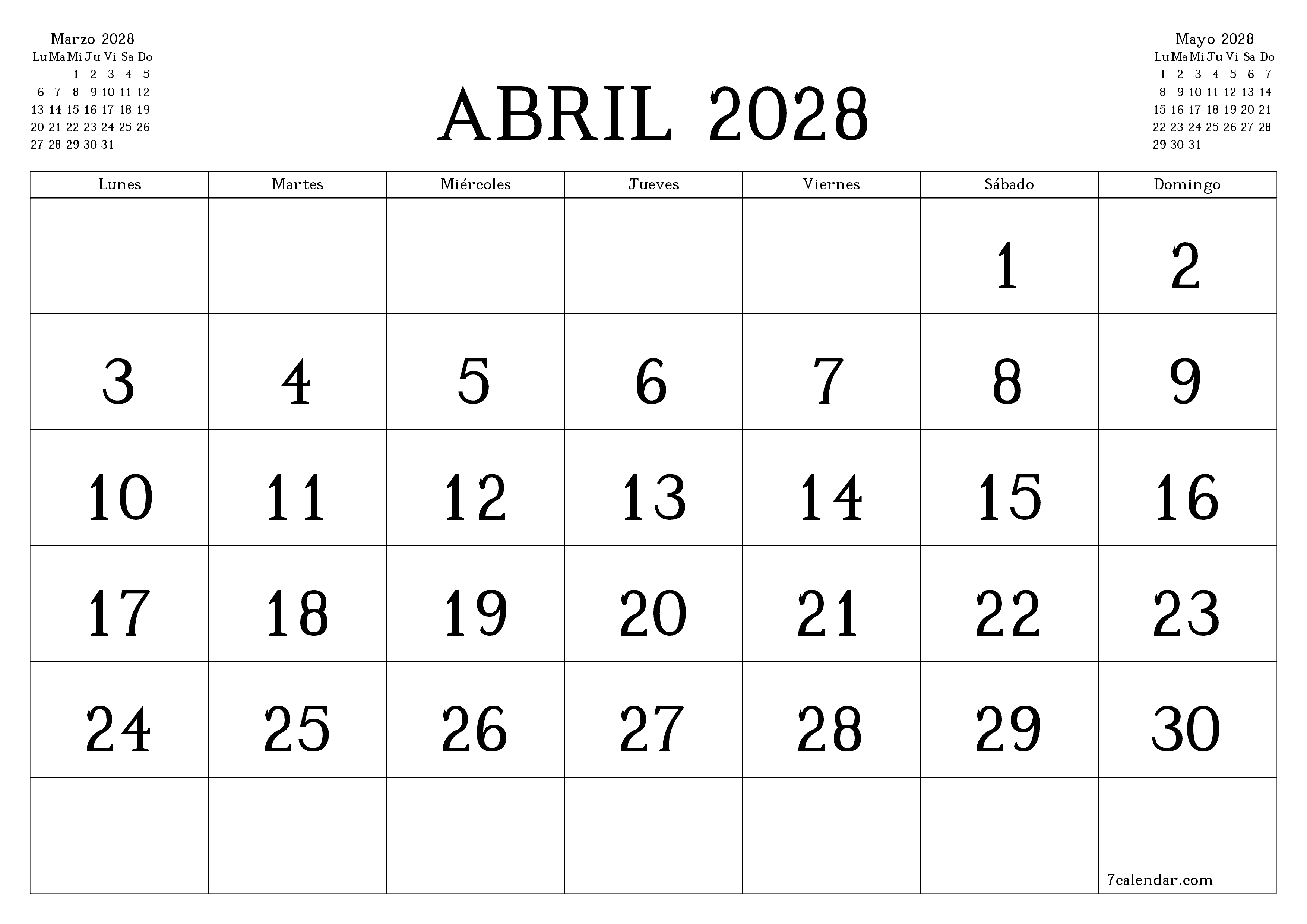 Planificador mensual vacío para el mes Abril 2028 con notas, guardar e imprimir en PDF PNG Spanish