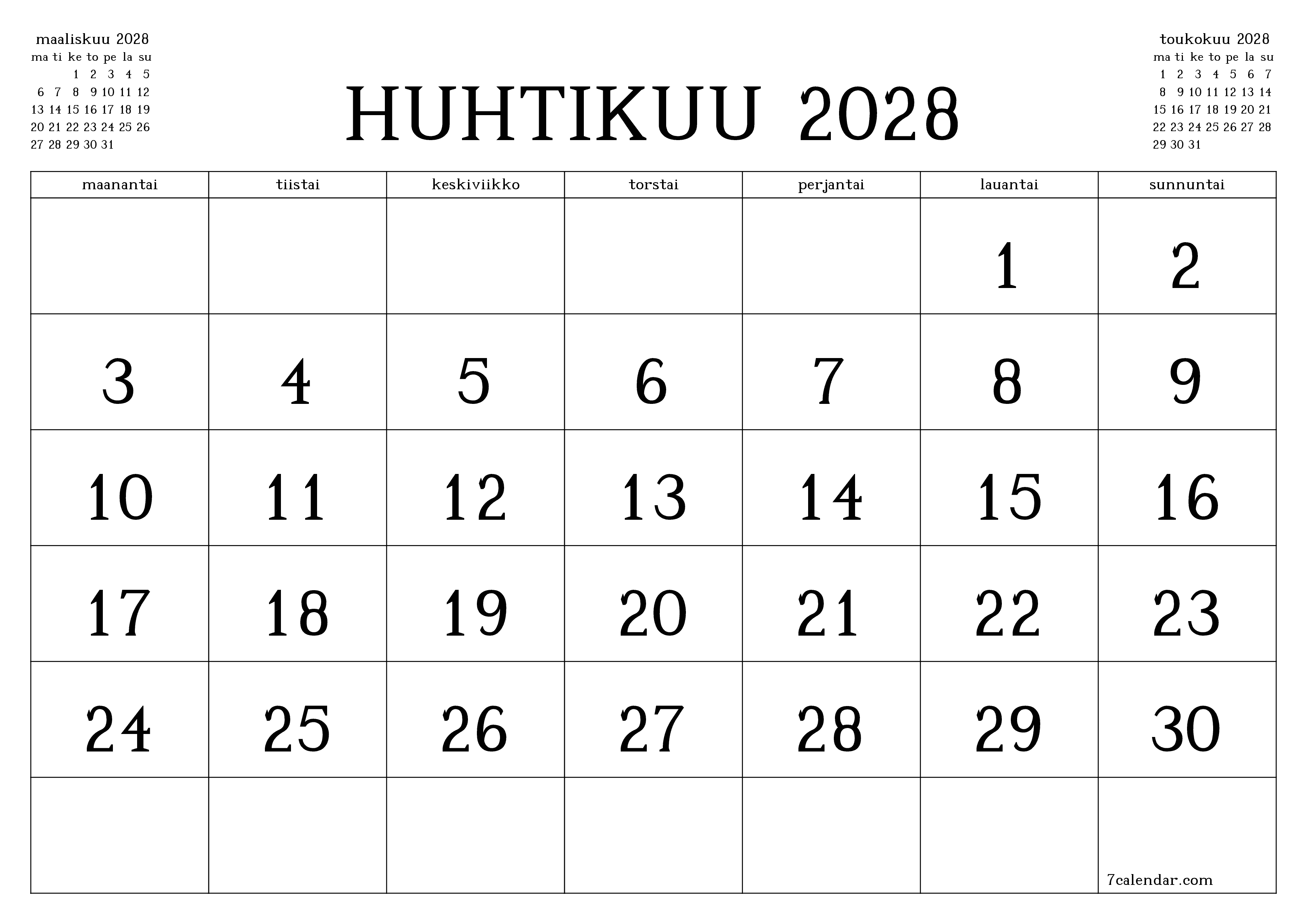 Tyhjennä kuukausittainen suunnittelija kuukaudelle Huhtikuu 2028 muistiinpanoilla, tallenna ja tulosta PDF-muotoon PNG Finnish