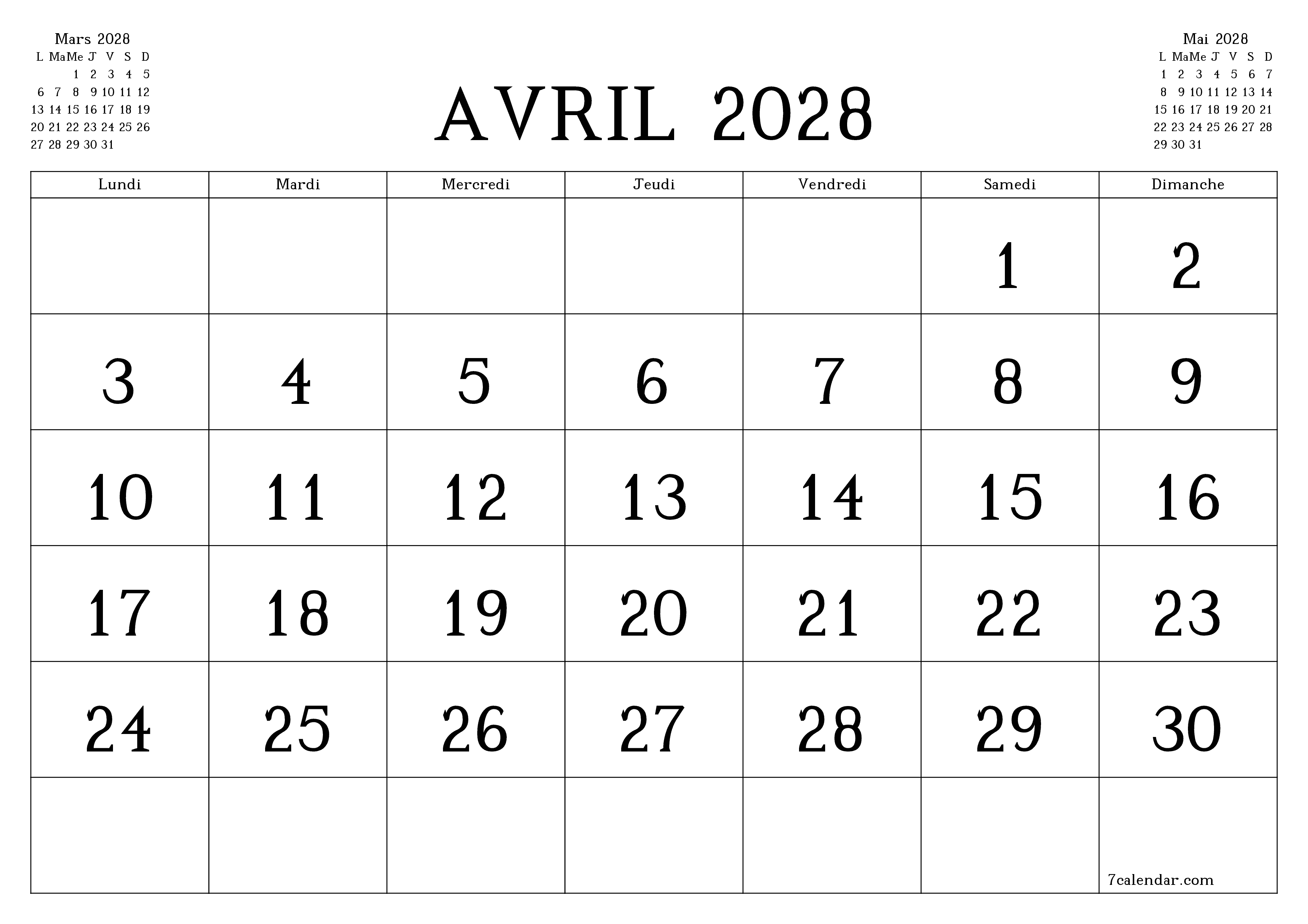 Agenda mensuel vide pour le mois Avril 2028 avec notes, enregistrez et imprimez au format PDF PNG French