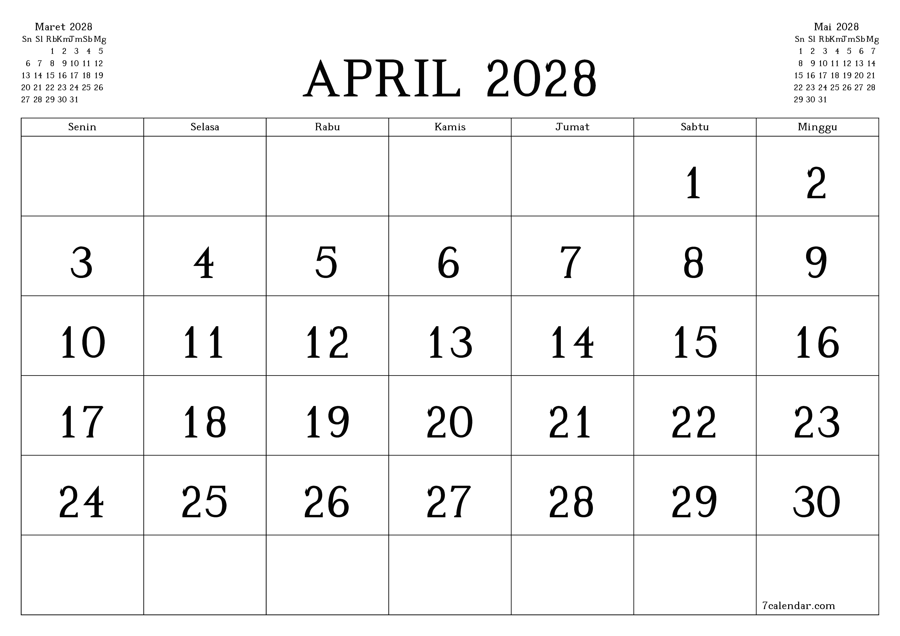 Kosongkan agenda bulanan untuk bulan April 2028 dengan catatan, simpan dan cetak ke PDF PNG Indonesian