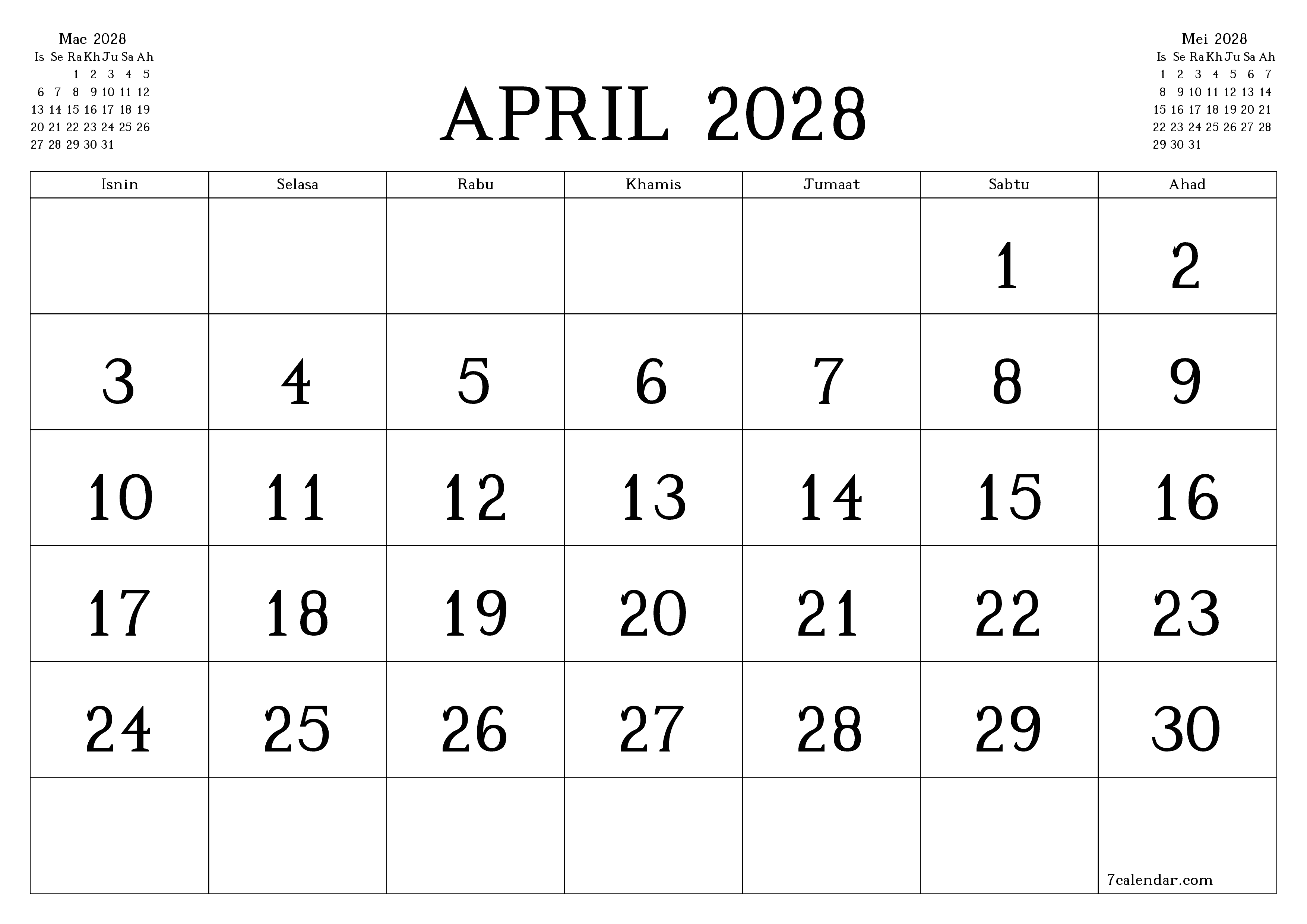 Perancang bulanan kosong untuk bulan April 2028 dengan nota, simpan dan cetak ke PDF PNG Malay