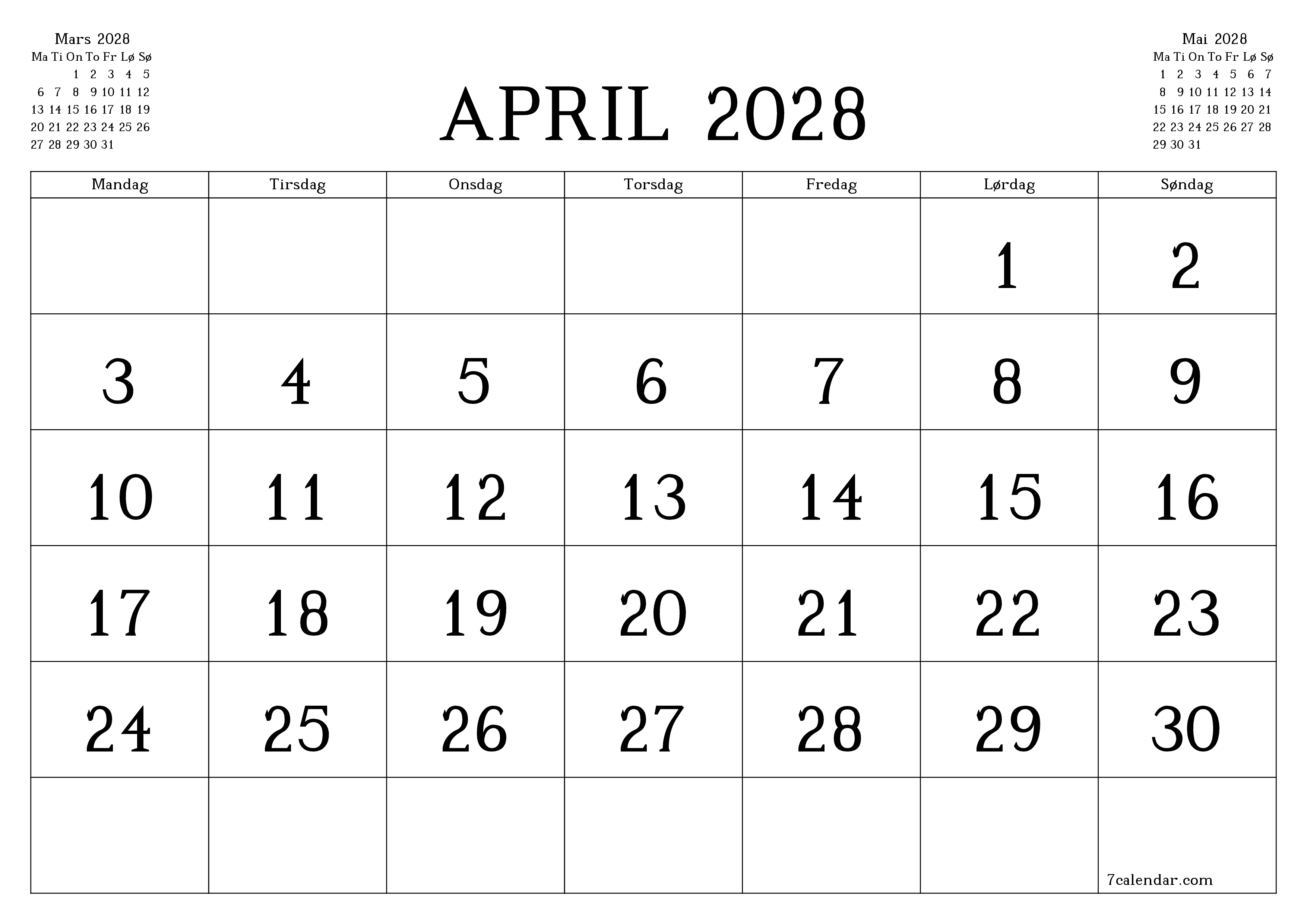 Tom månedlig planlegger for måned April 2028 med notater, lagre og skriv ut til PDF PNG Norwegian