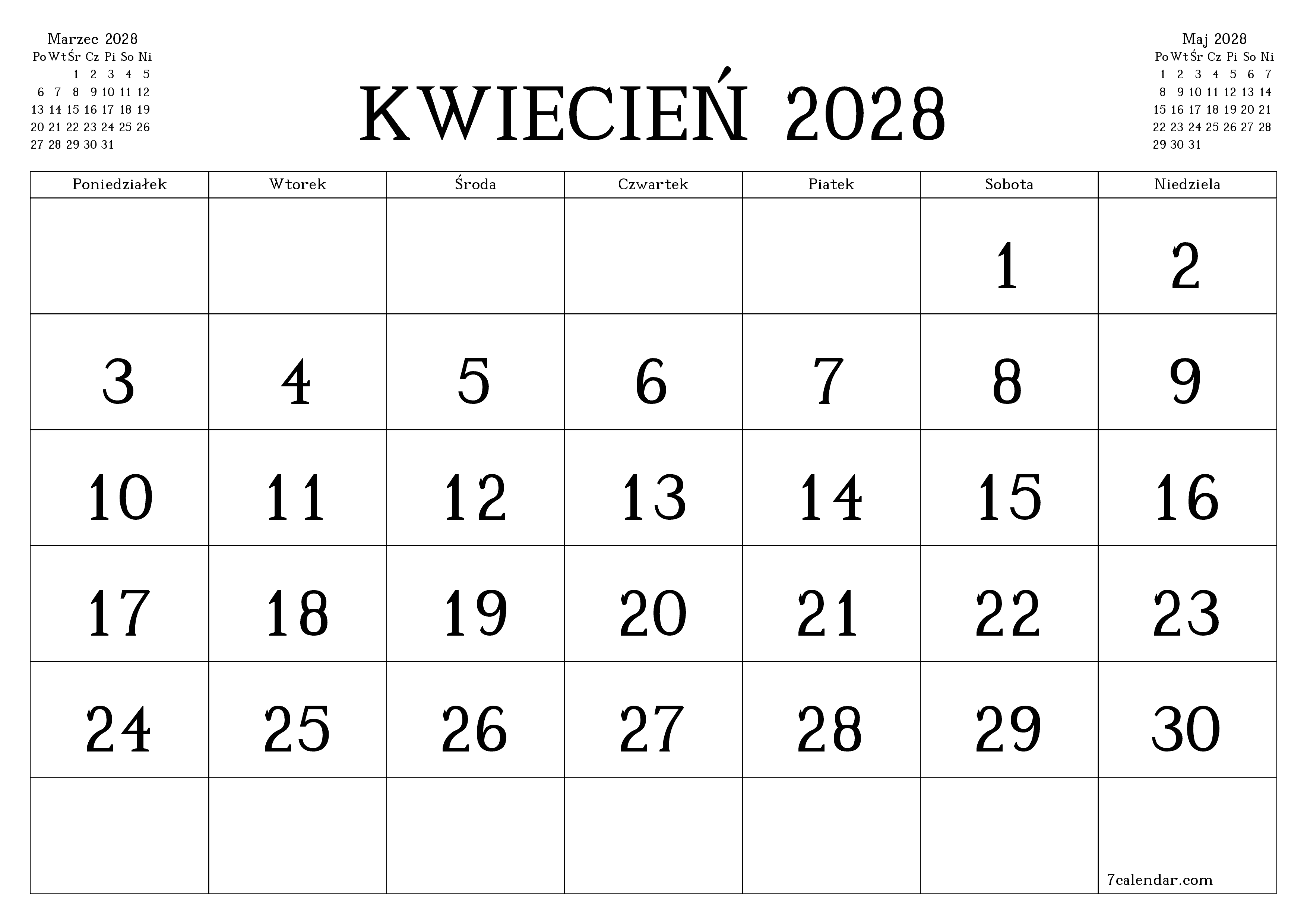 Opróżnij miesięczny planer na miesiąc Kwiecień 2028 z notatkami, zapisz i wydrukuj w formacie PDF PNG Polish