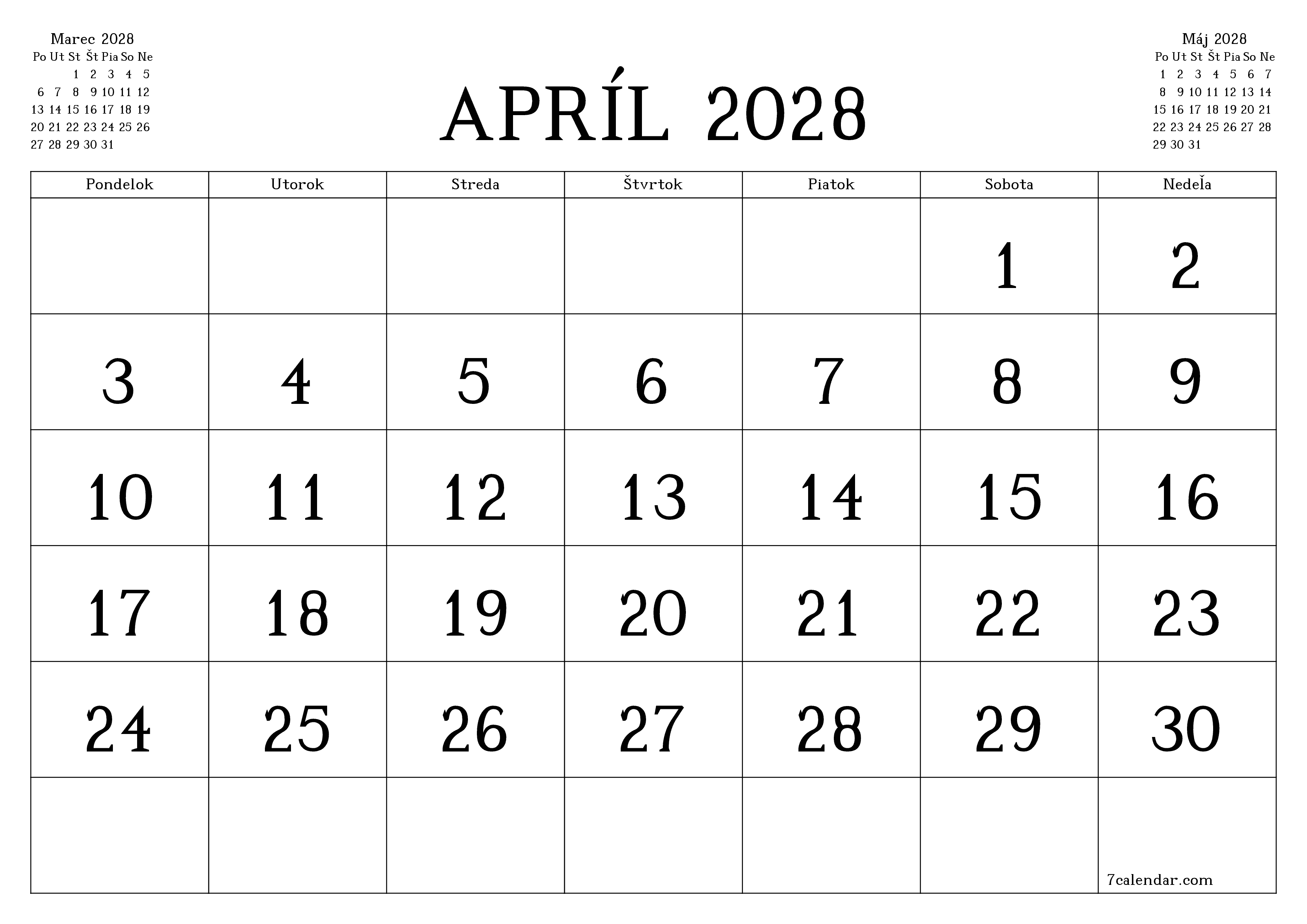 Prázdny mesačný plánovač na mesiac Apríl 2028 s poznámkami, uloženie a tlač do PDF PNG Slovak
