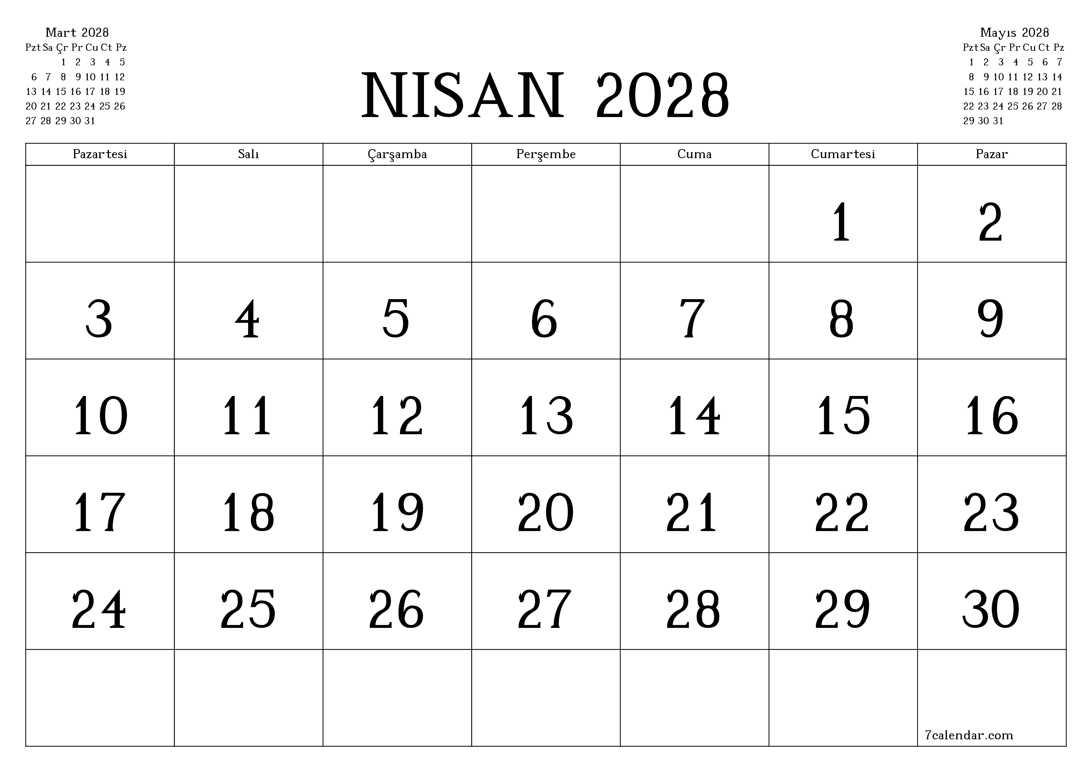 Nisan 2028 ayı için notlarla birlikte boş aylık planlayıcı, kaydedin ve PDF'ye yazdırın PNG Turkish