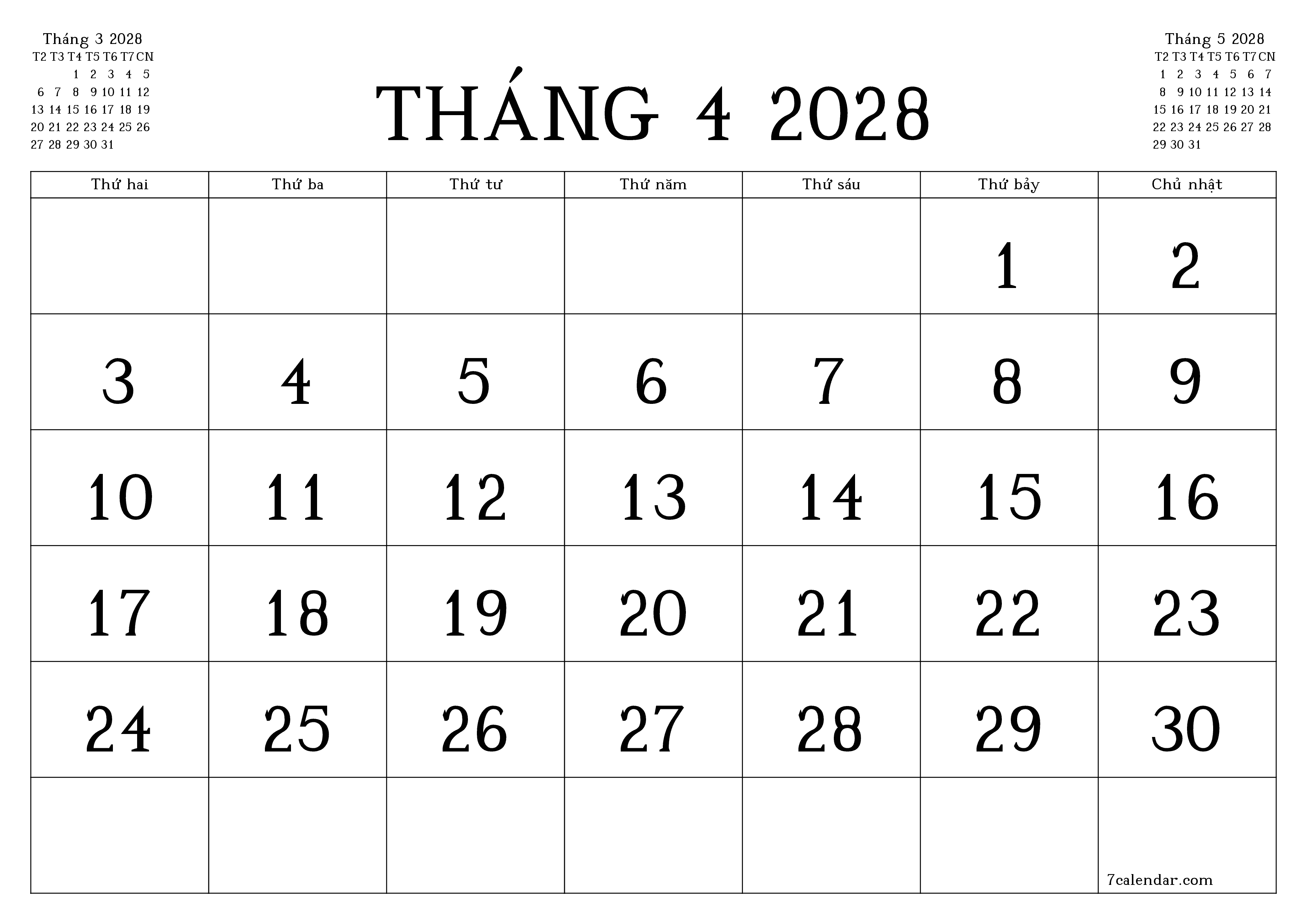 Công cụ lập kế hoạch hàng tháng trống cho tháng Tháng 4 2028 có ghi chú, lưu và in sang PDF PNG Vietnamese