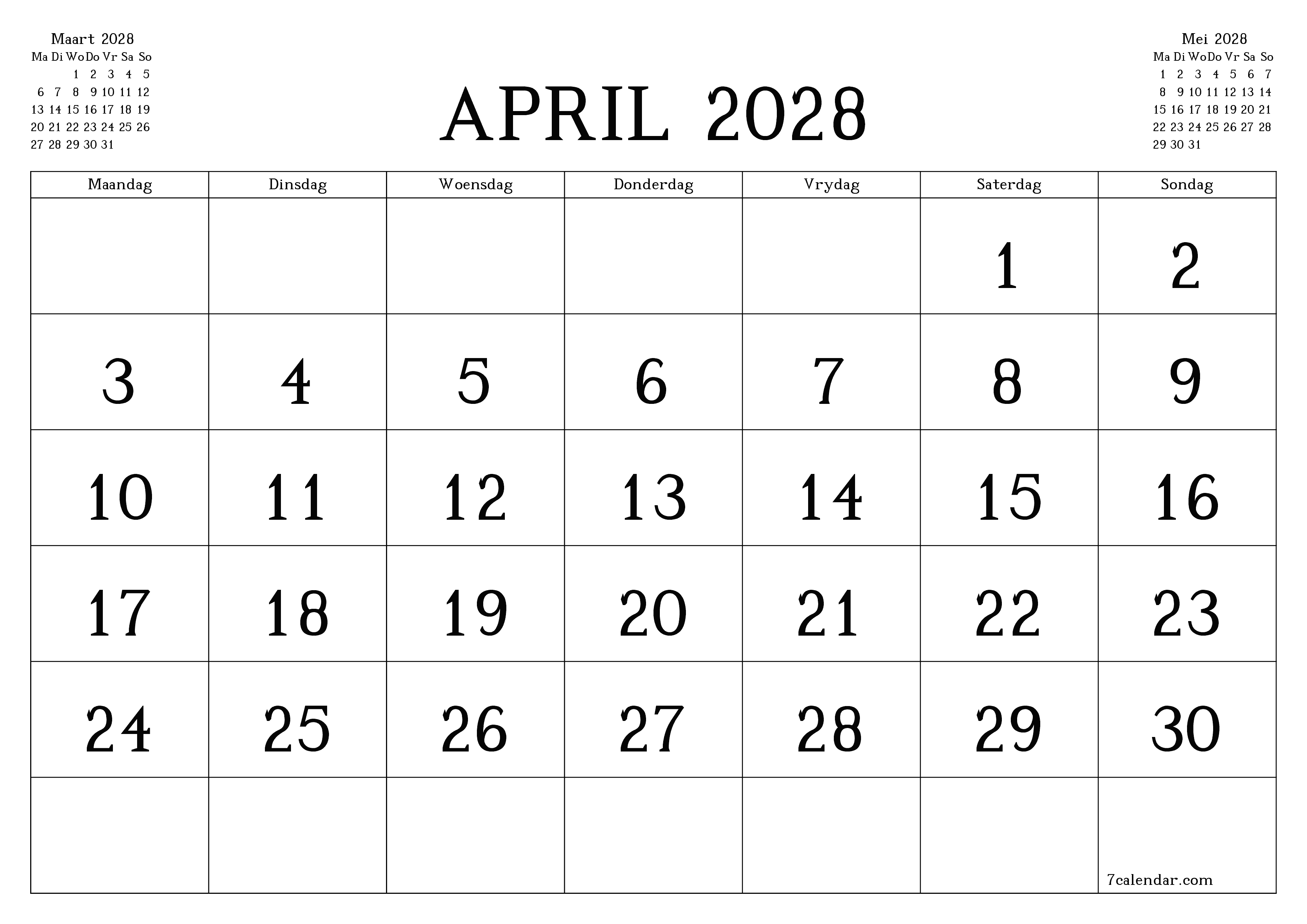 Leë maandelikse drukbare kalender en beplanner vir maand April 2028 met notas stoor en druk na PDF PNG Afrikaans