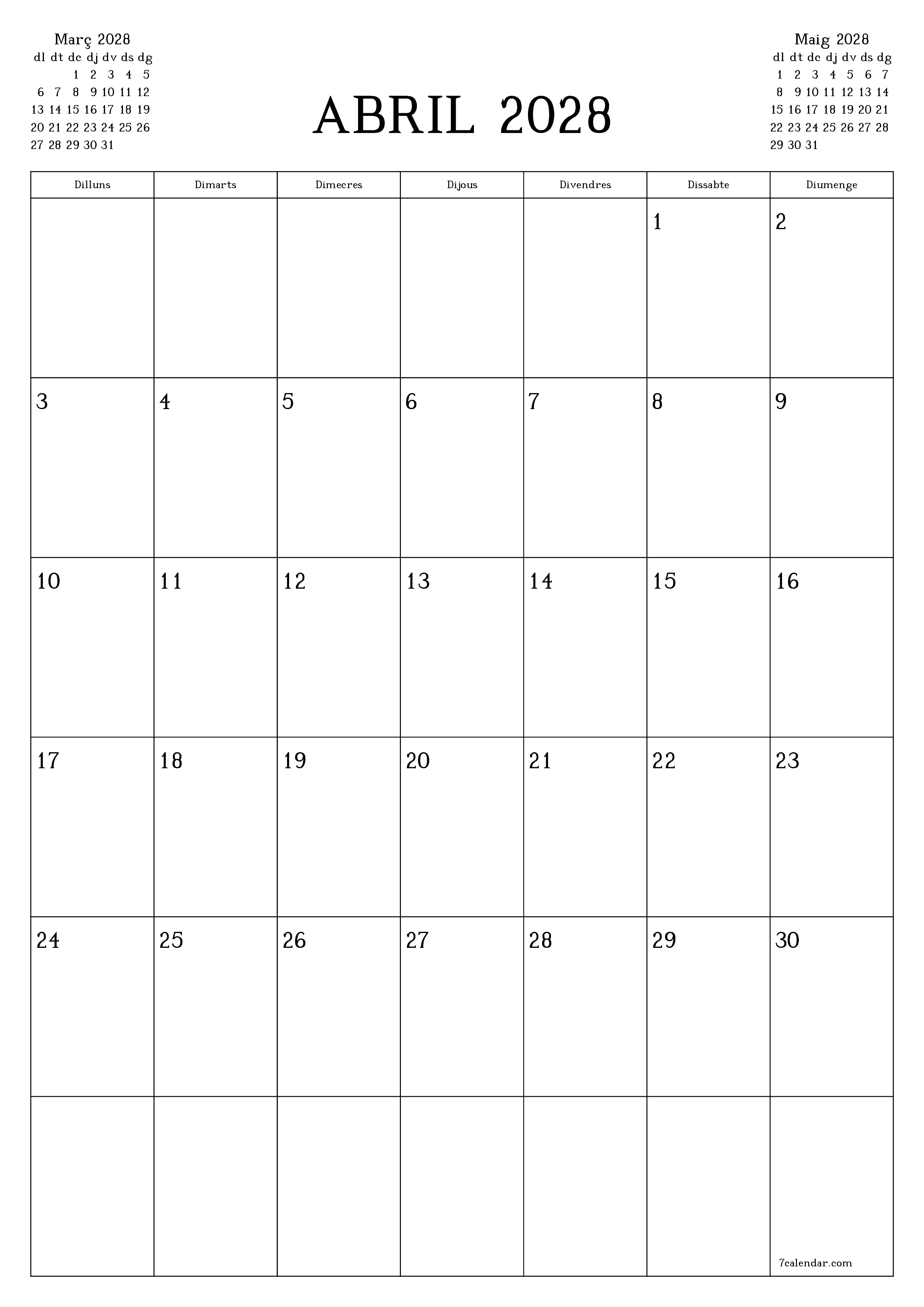 Planificador mensual buit del mes Abril 2028 amb notes, deseu-lo i imprimiu-lo en format PDF PNG Catalan