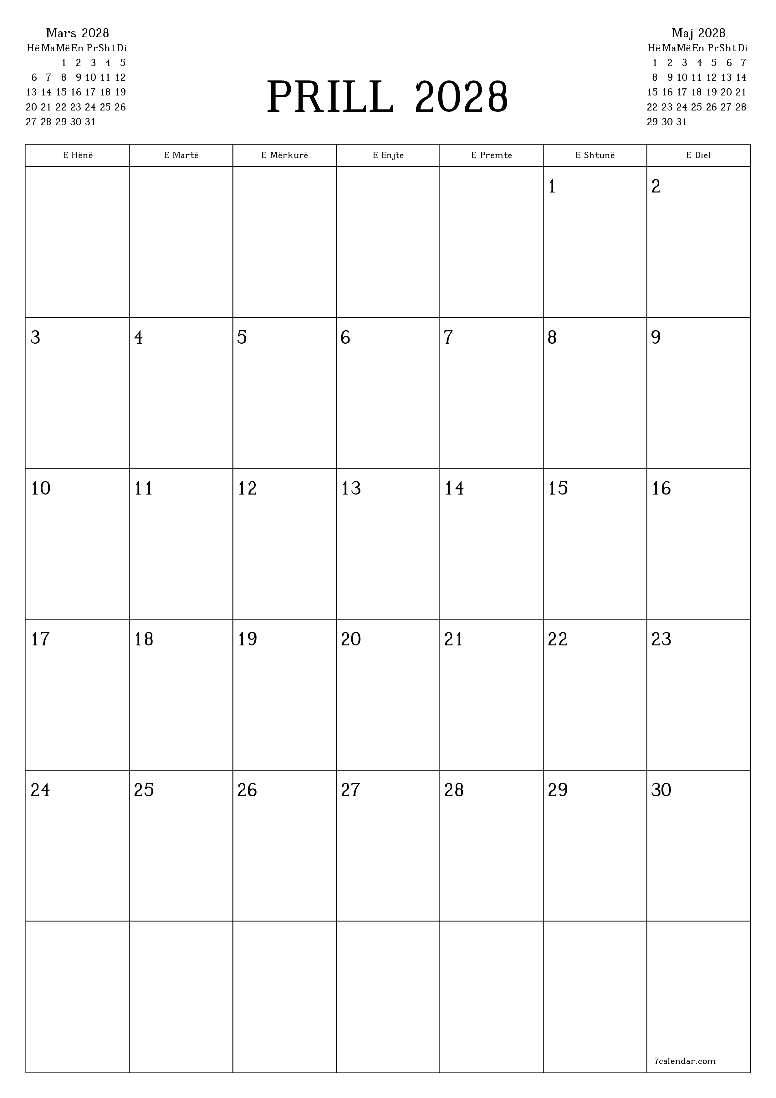 Planifikuesi i zbrazët i kalendarit mujor për muajin Prill 2028 me shënime të ruajtura dhe të printuara në PDF PNG Albanian