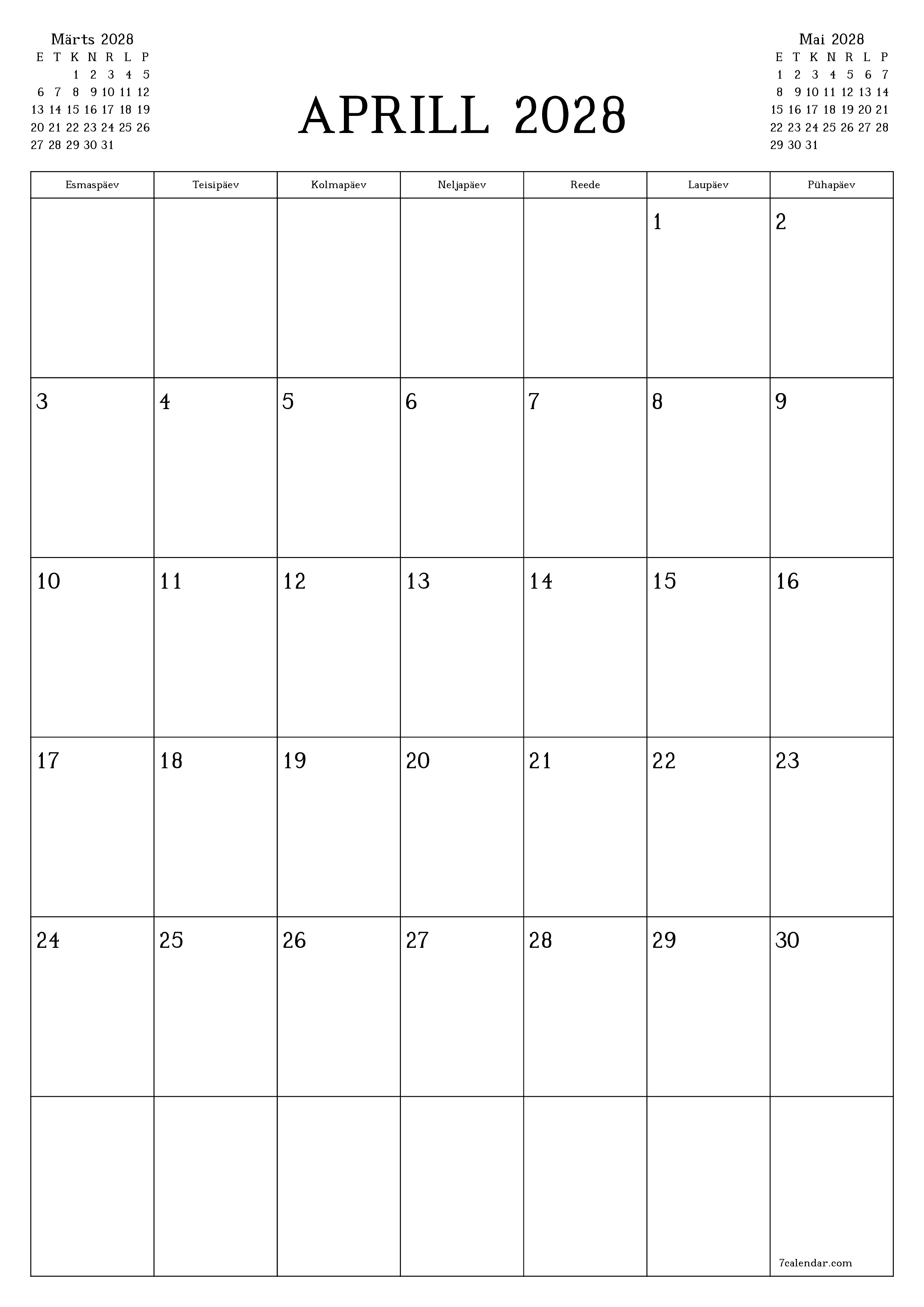 prinditav seina kalendri mall tasuta vertikaalne Igakuine planeerija kalender Aprill (Apr) 2028