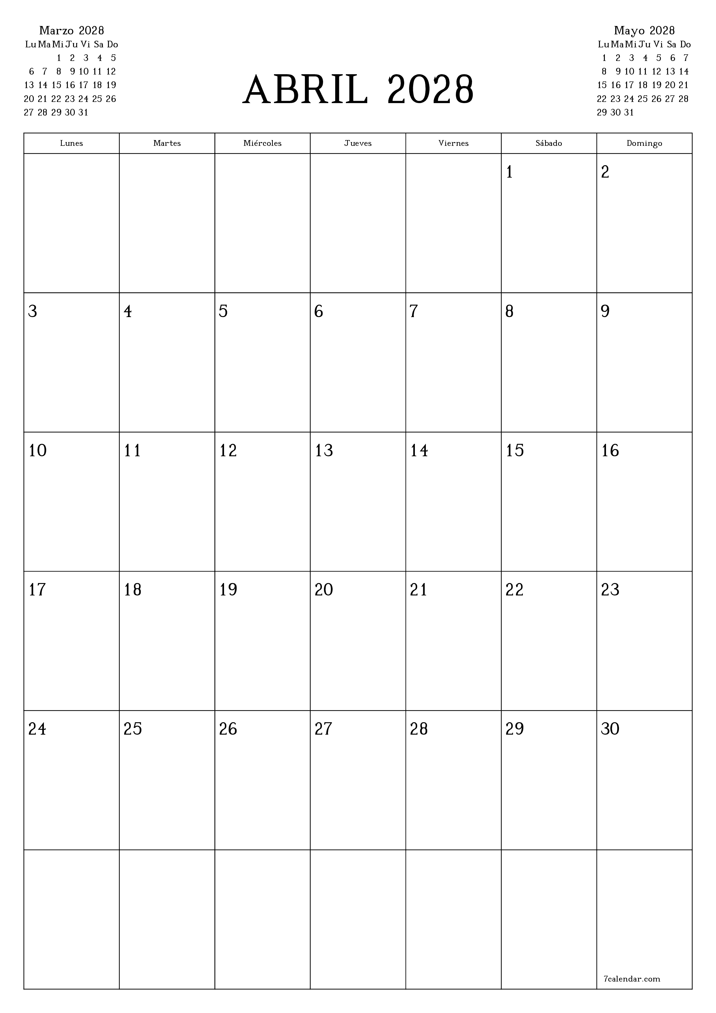 Planificador mensual vacío para el mes Abril 2028 con notas, guardar e imprimir en PDF PNG Spanish