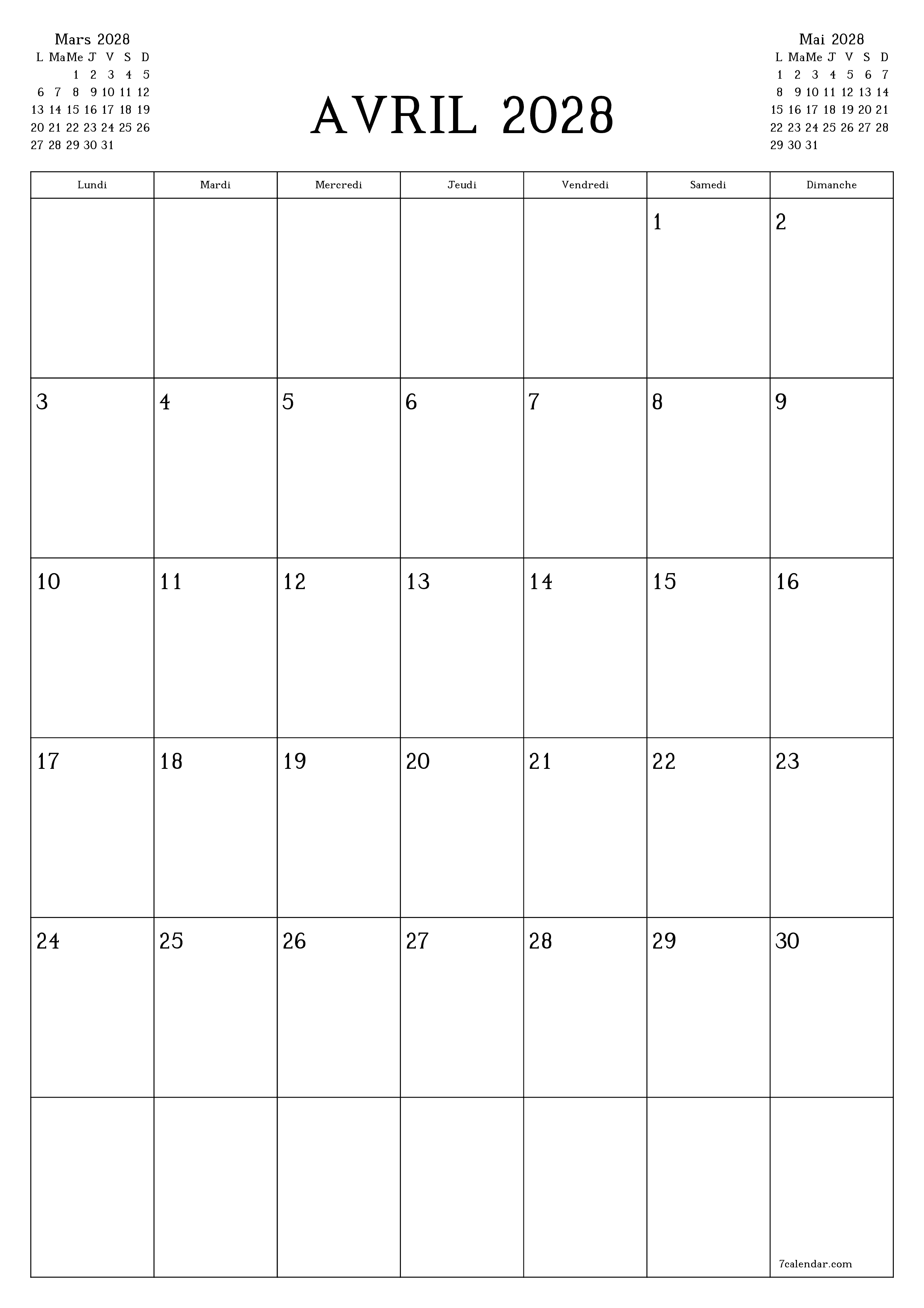 Agenda mensuel vide pour le mois Avril 2028 avec notes, enregistrez et imprimez au format PDF PNG French