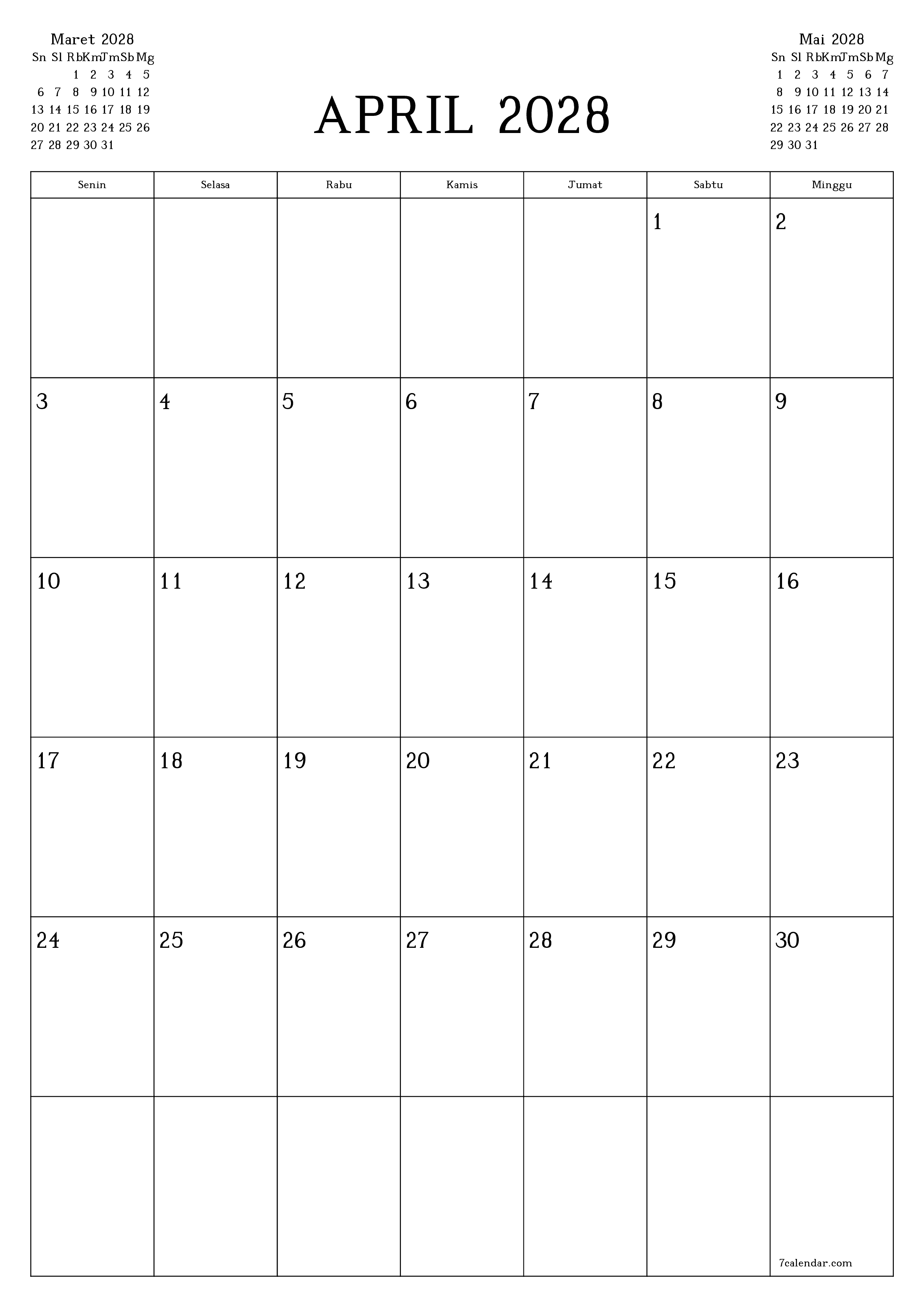  yang dapat dicetak dinding templat gratisvertikal Bulanan perencana kalender April (Apr) 2028
