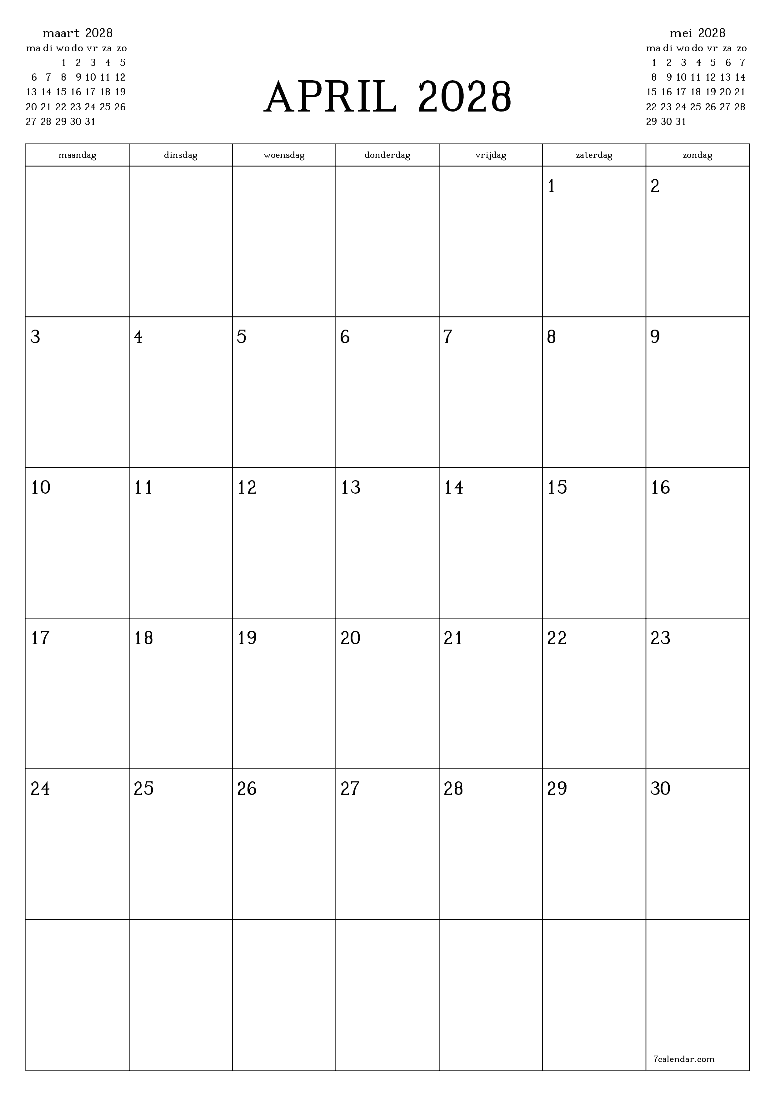 Lege maandplanner voor maand april 2028 met notities, opslaan en afdrukken naar pdf PNG Dutch