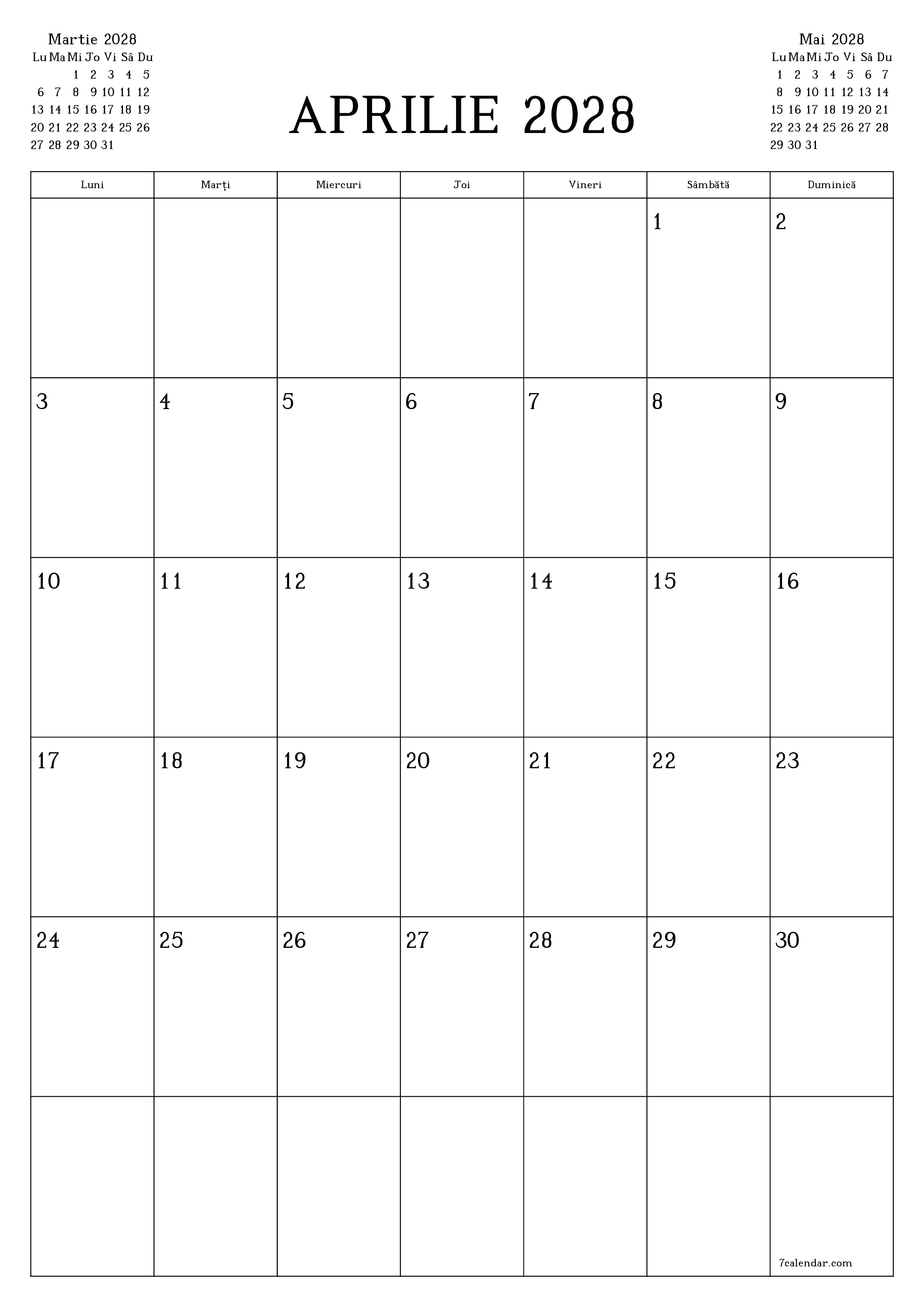 Planificator lunar gol pentru luna Aprilie 2028 cu note, salvați și tipăriți în PDF PNG Romanian