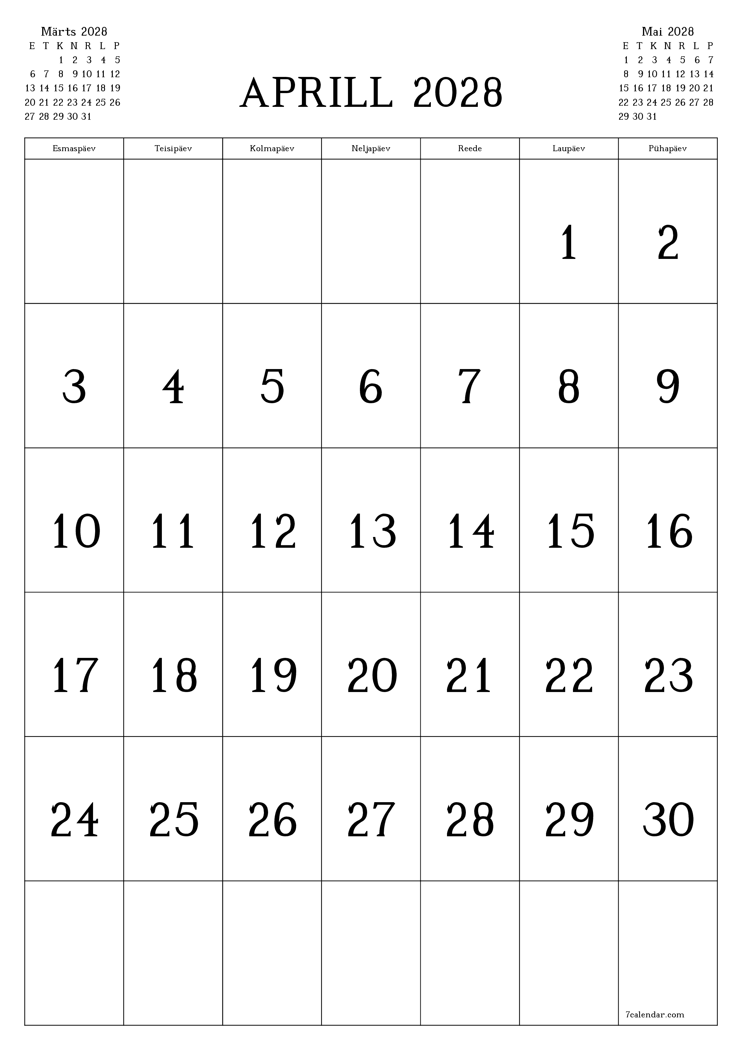 prinditav seina kalendri mall tasuta vertikaalne Igakuine kalender Aprill (Apr) 2028