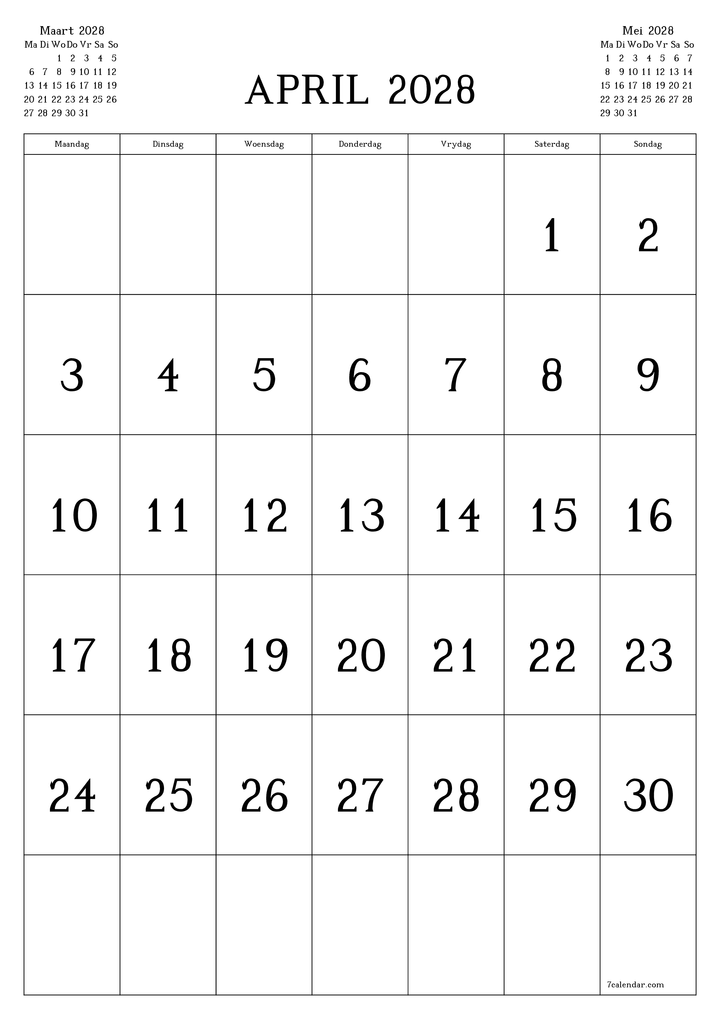 Leë maandelikse drukbare kalender en beplanner vir maand April 2028 met notas stoor en druk na PDF PNG Afrikaans