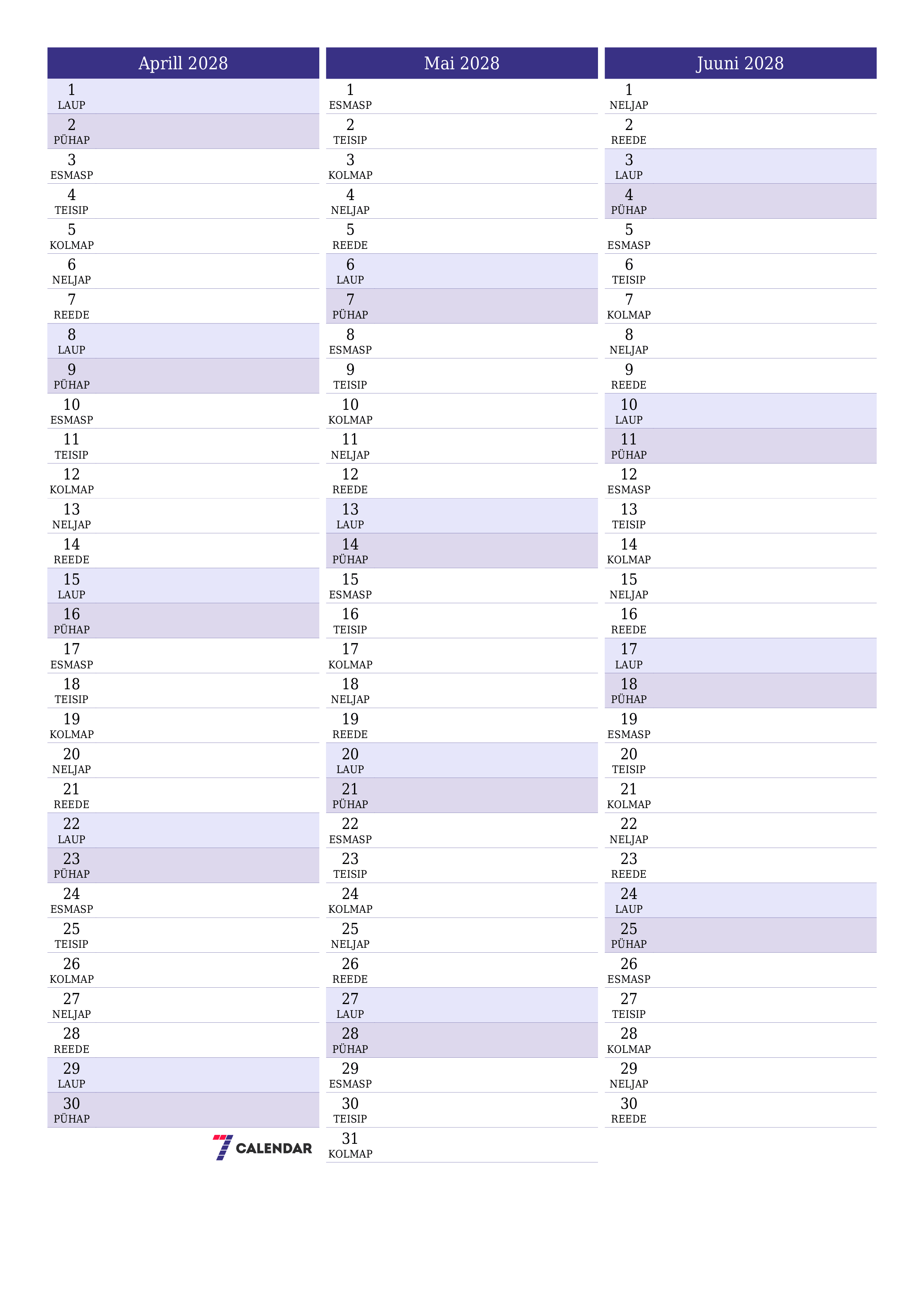 Tühjendage kuu Aprill 2028 kuuplaneerija märkmetega, salvestage ja printige PDF-i PNG Estonian