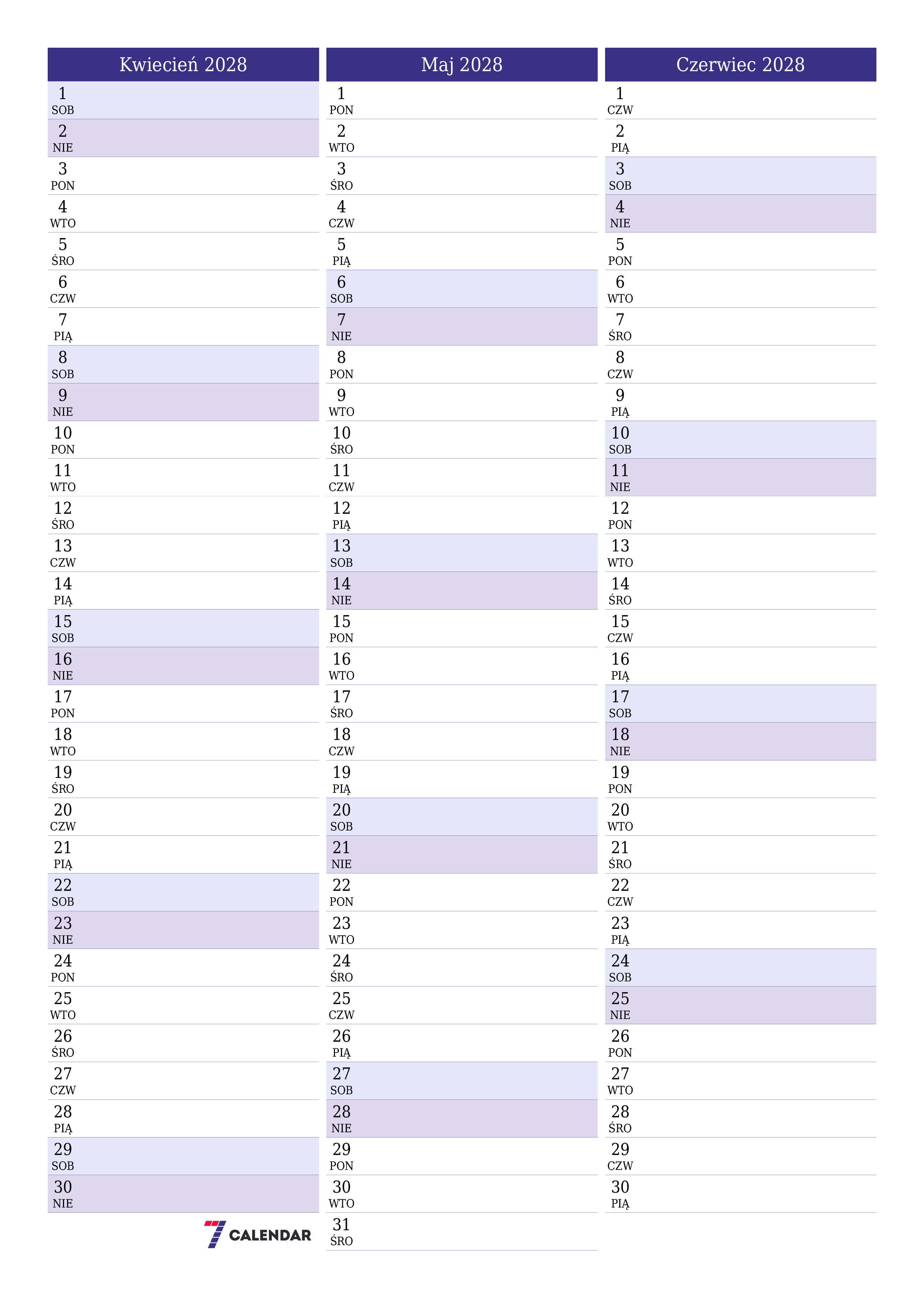 Opróżnij miesięczny planer na miesiąc Kwiecień 2028 z notatkami, zapisz i wydrukuj w formacie PDF PNG Polish