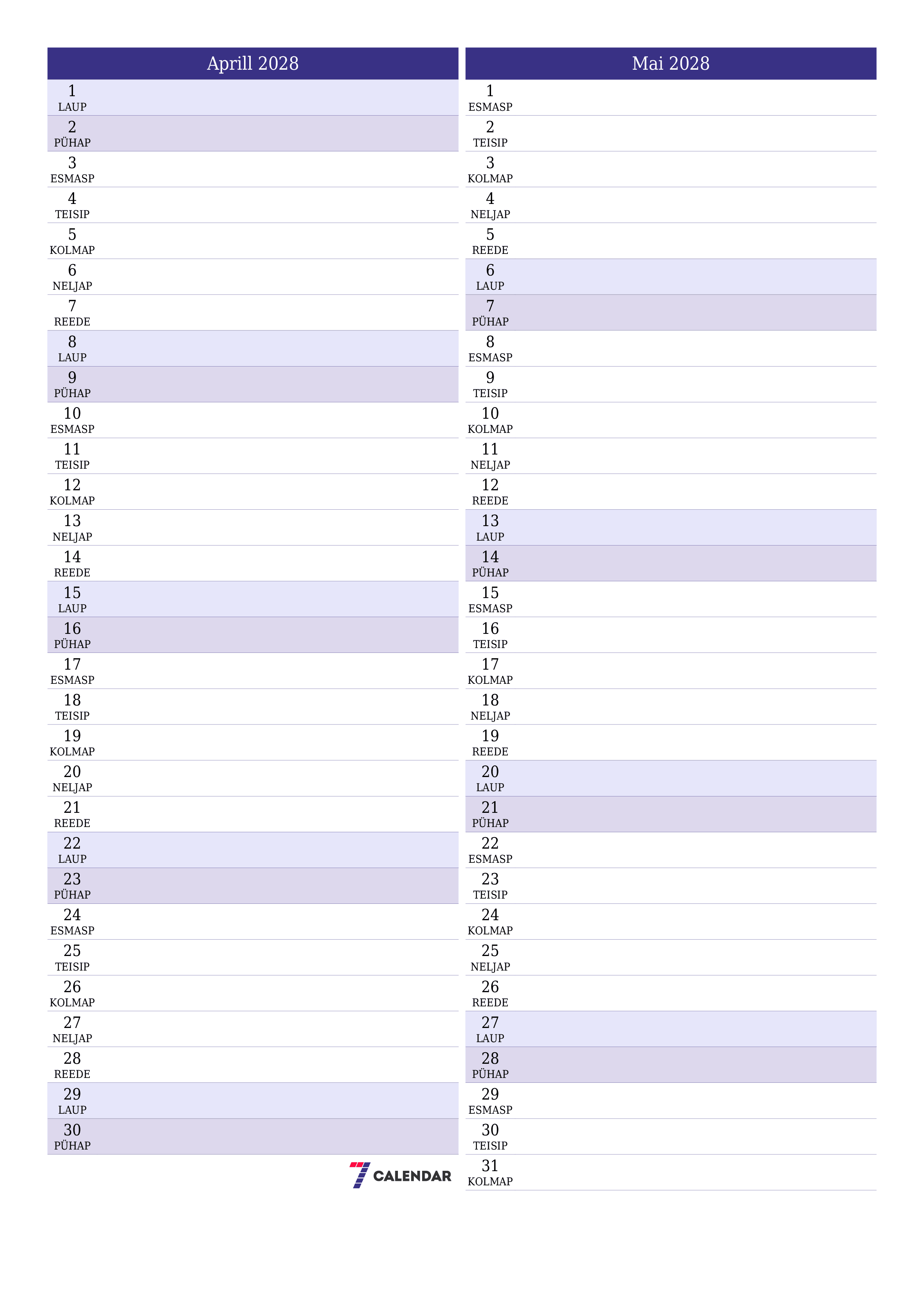 Tühjendage kuu Aprill 2028 kuuplaneerija märkmetega, salvestage ja printige PDF-i PNG Estonian