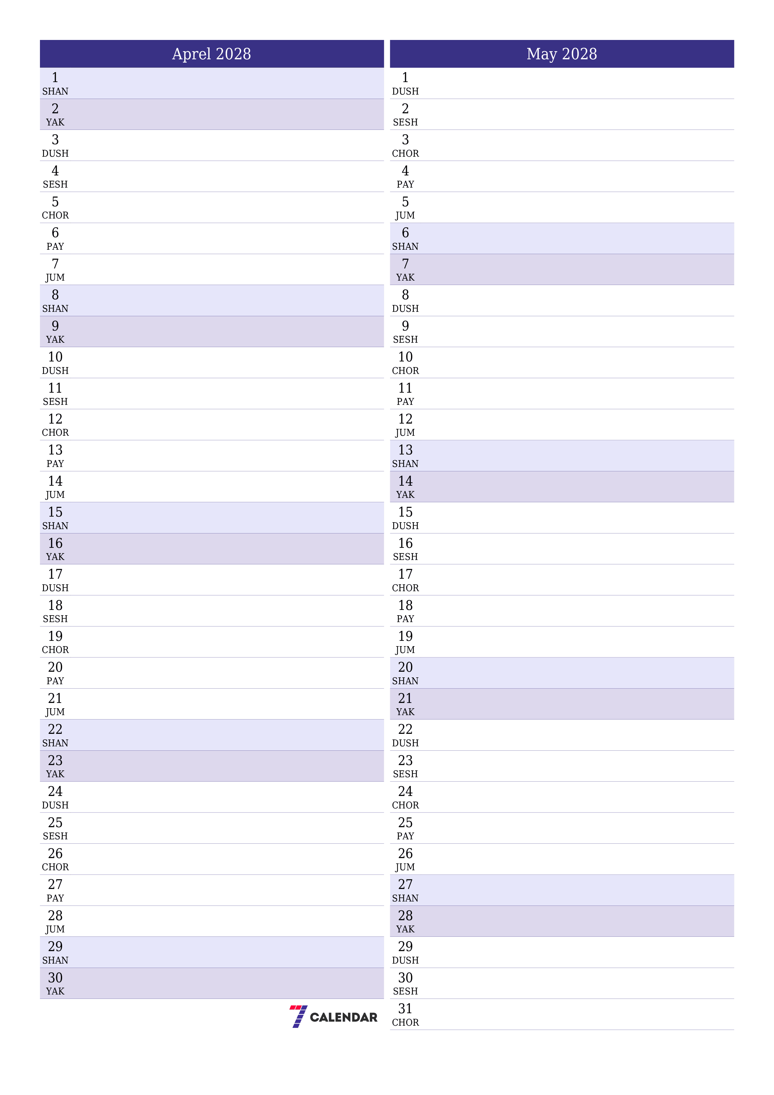 Aprel 2028 oylik oylik rejalashtiruvchini yozuvlar bilan bo'shatish, saqlash va PDF-ga chop etish PNG Uzbek