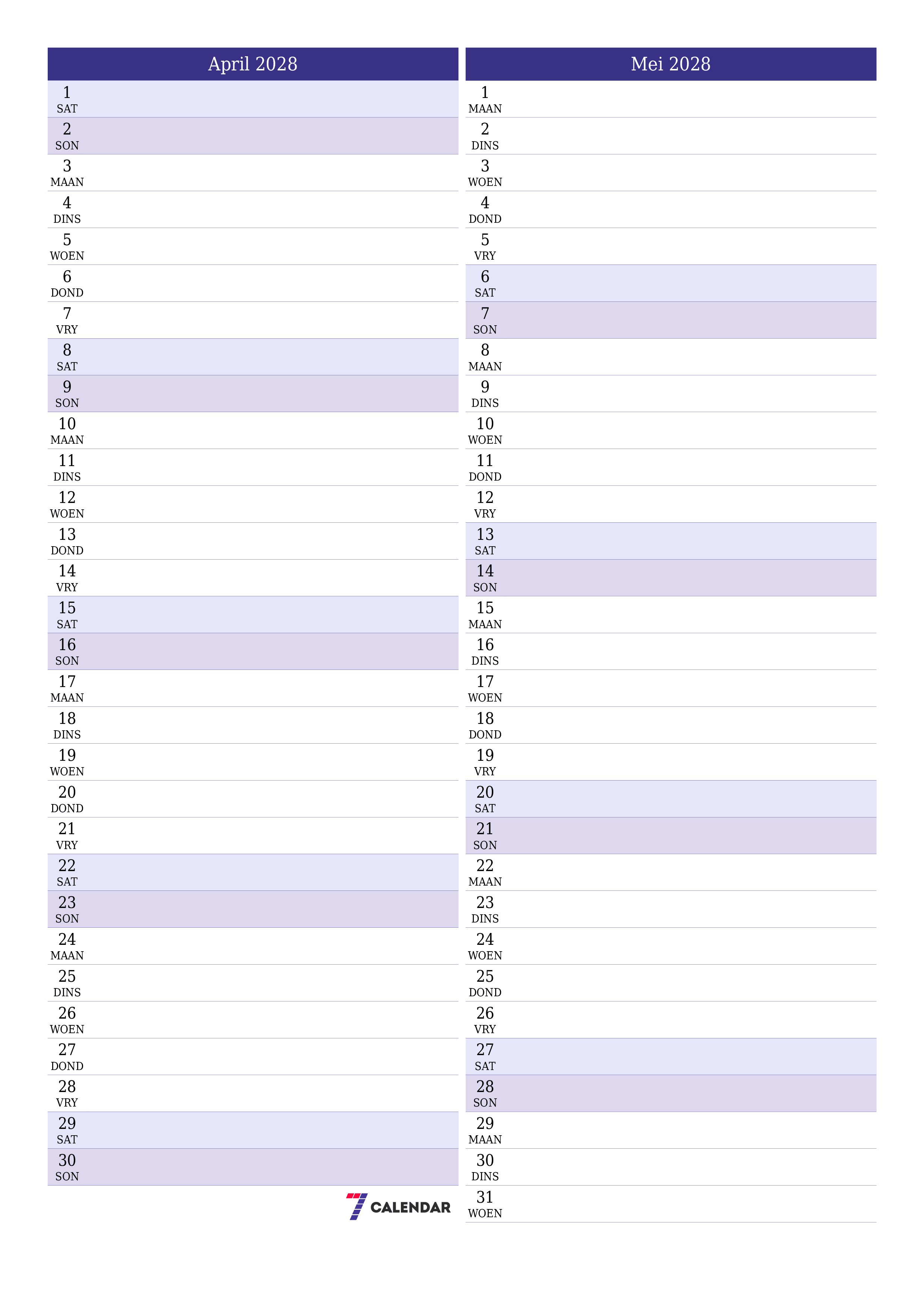 Leë maandelikse drukbare kalender en beplanner vir maand April 2028 met notas stoor en druk na PDF PNG Afrikaans