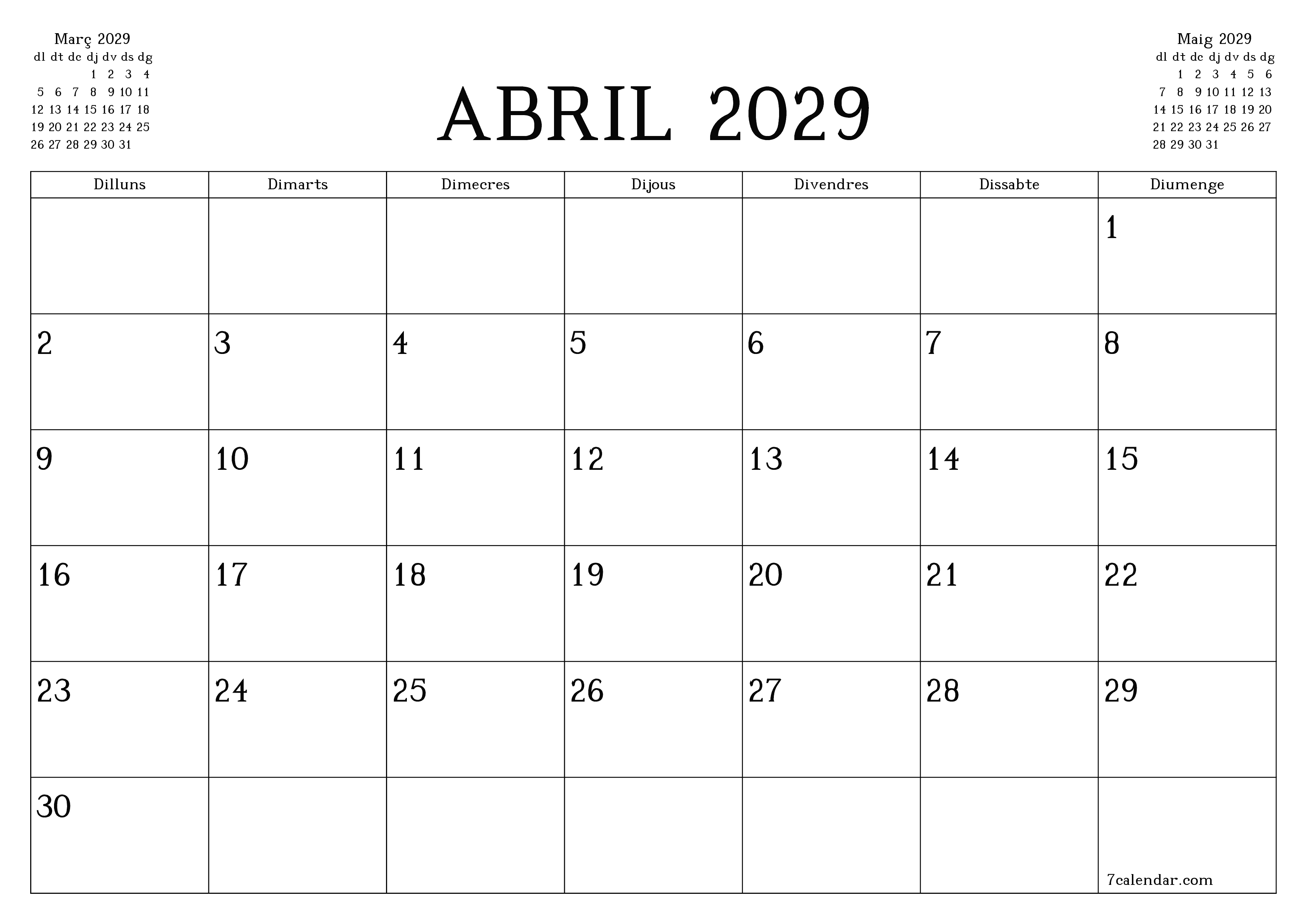 Planificador mensual buit del mes Abril 2029 amb notes, deseu-lo i imprimiu-lo en format PDF PNG Catalan