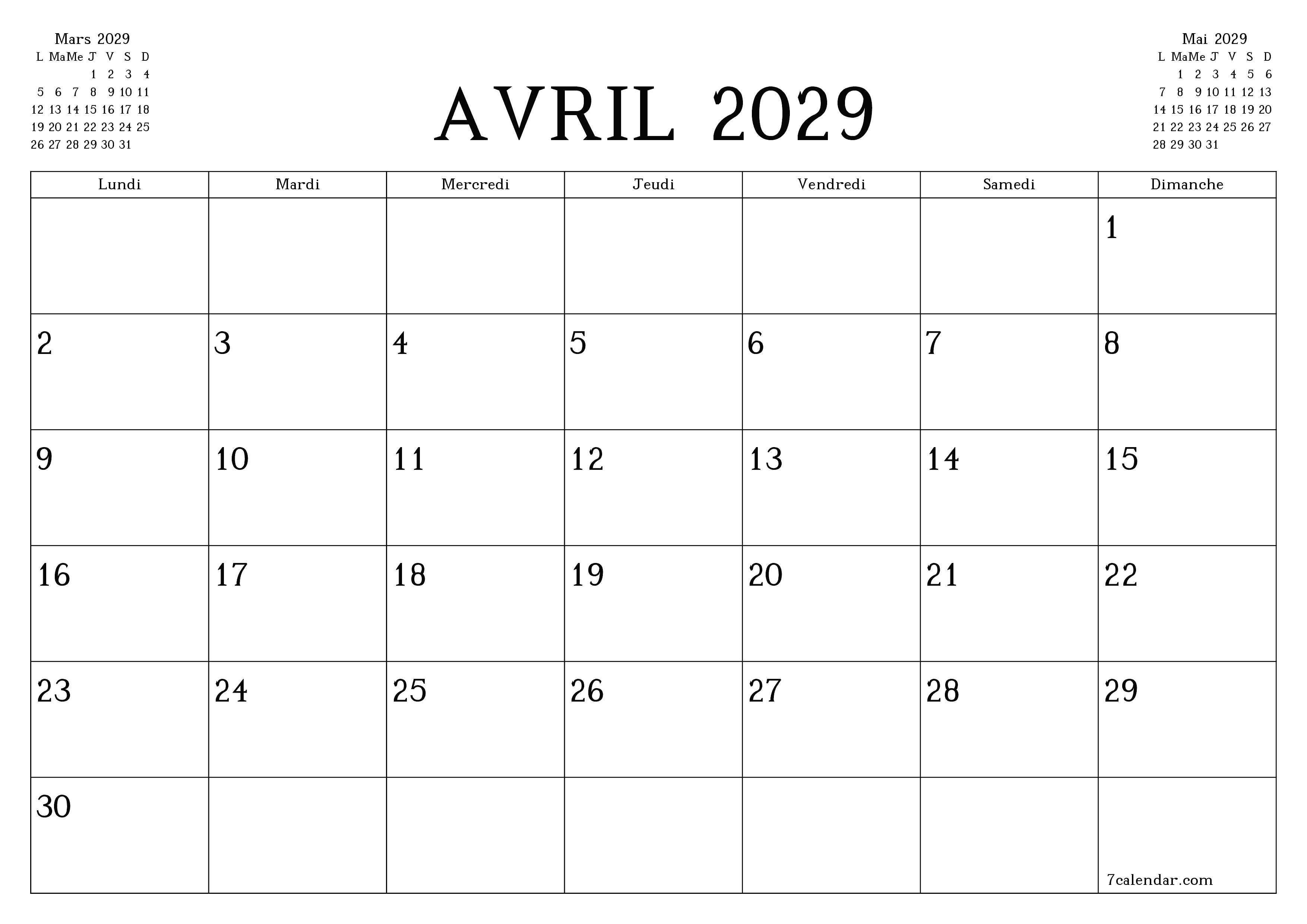 Agenda mensuel vide pour le mois Avril 2029 avec notes, enregistrez et imprimez au format PDF PNG French