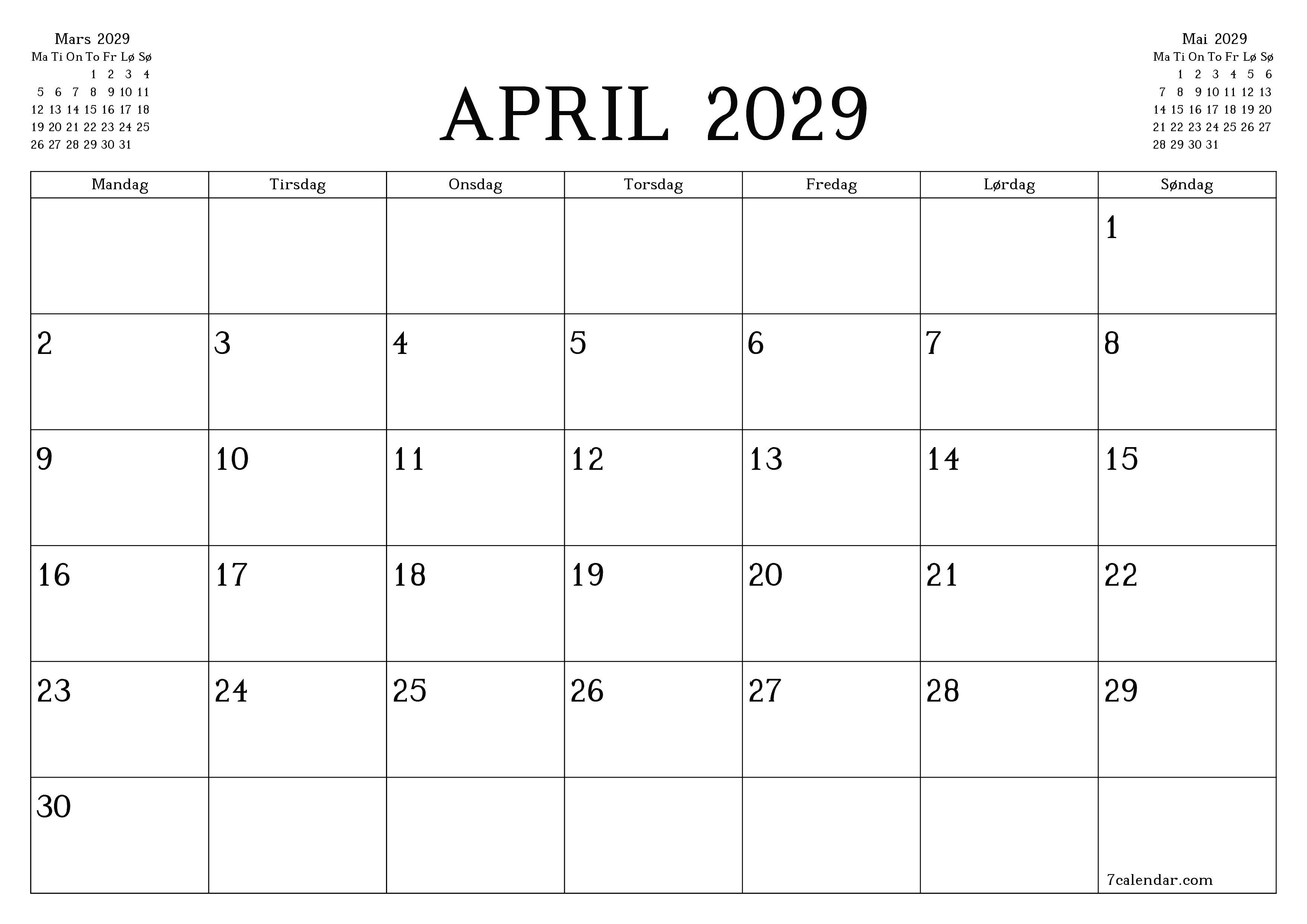 Tom månedlig planlegger for måned April 2029 med notater, lagre og skriv ut til PDF PNG Norwegian