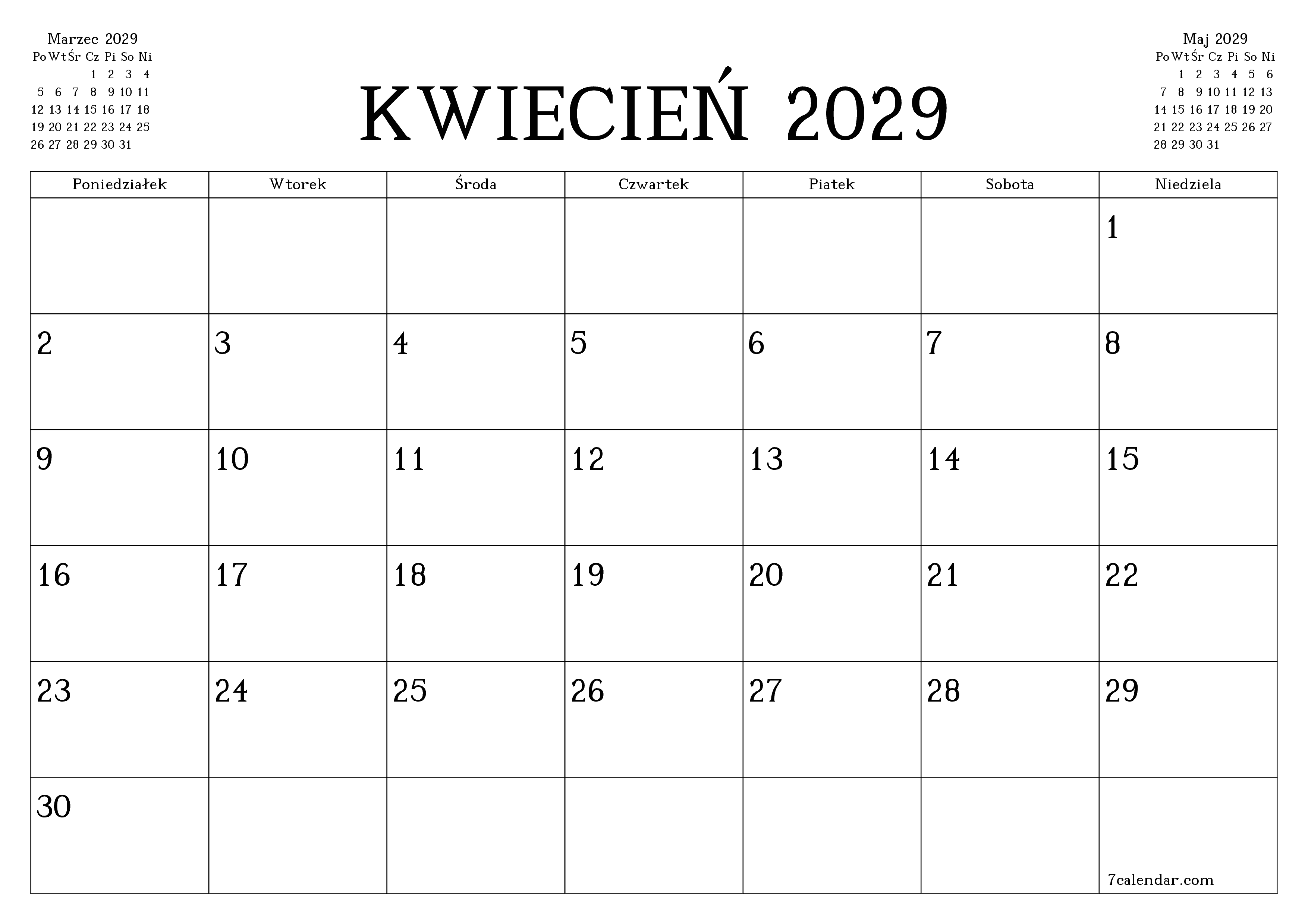 Opróżnij miesięczny planer na miesiąc Kwiecień 2029 z notatkami, zapisz i wydrukuj w formacie PDF PNG Polish