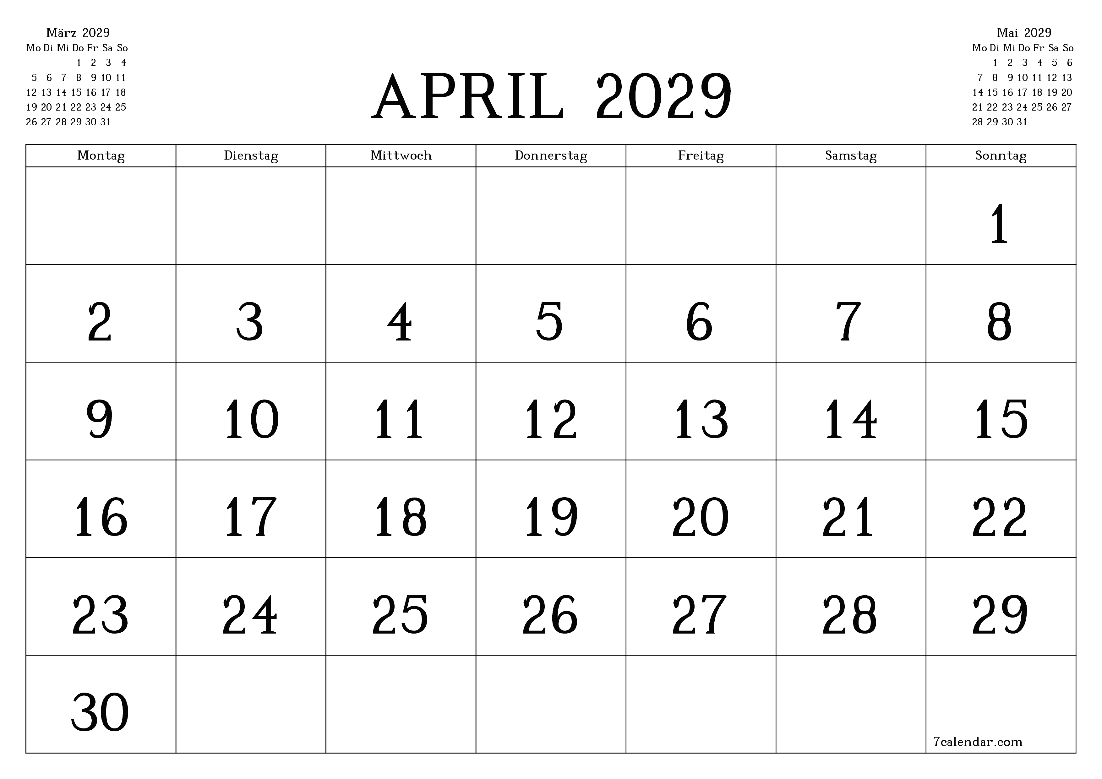 Monatsplaner für Monat April 2029 mit Notizen leeren, speichern und als PDF PNG German - 7calendar.com drucken