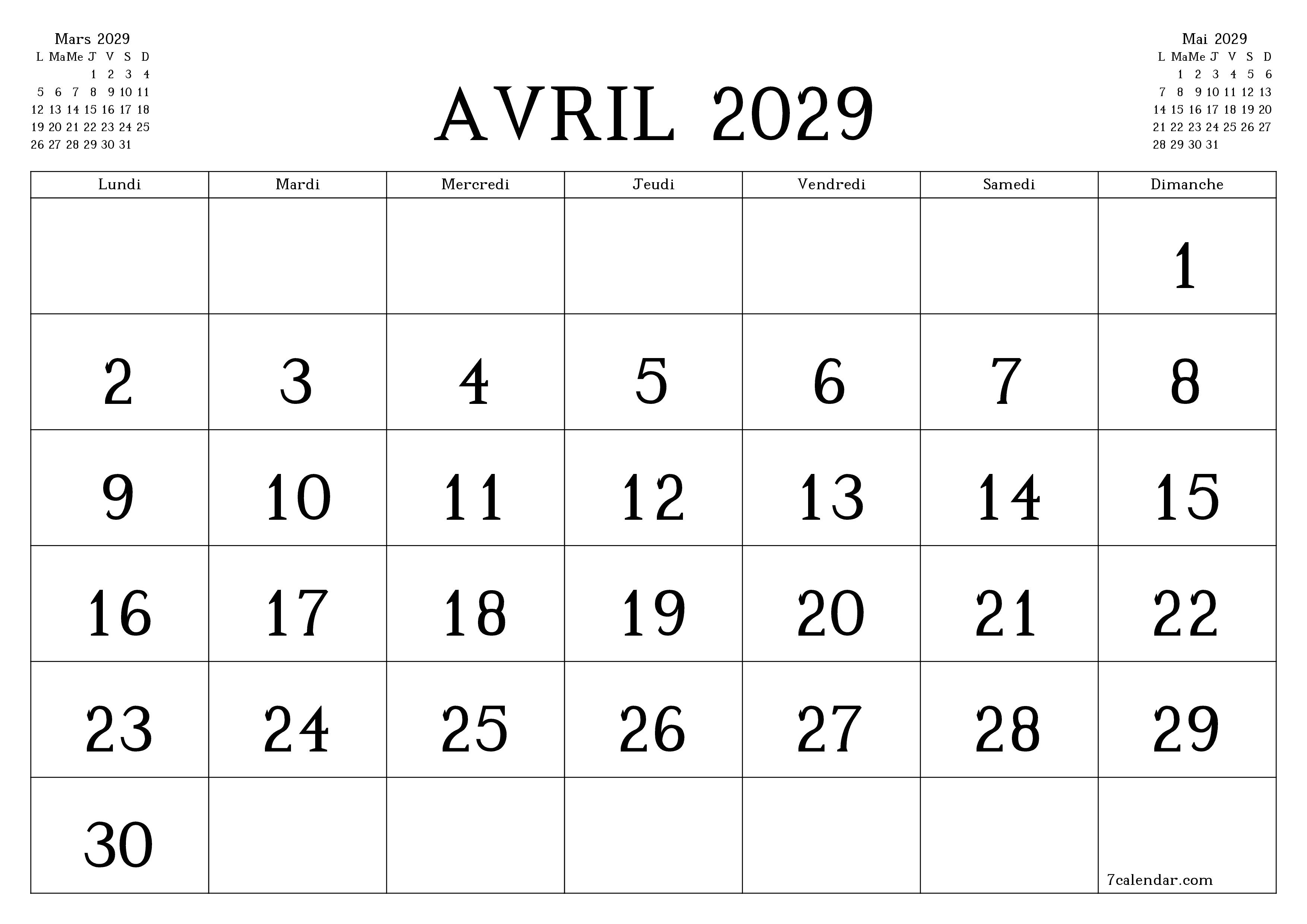 Agenda mensuel vide pour le mois Avril 2029 avec notes, enregistrez et imprimez au format PDF PNG French