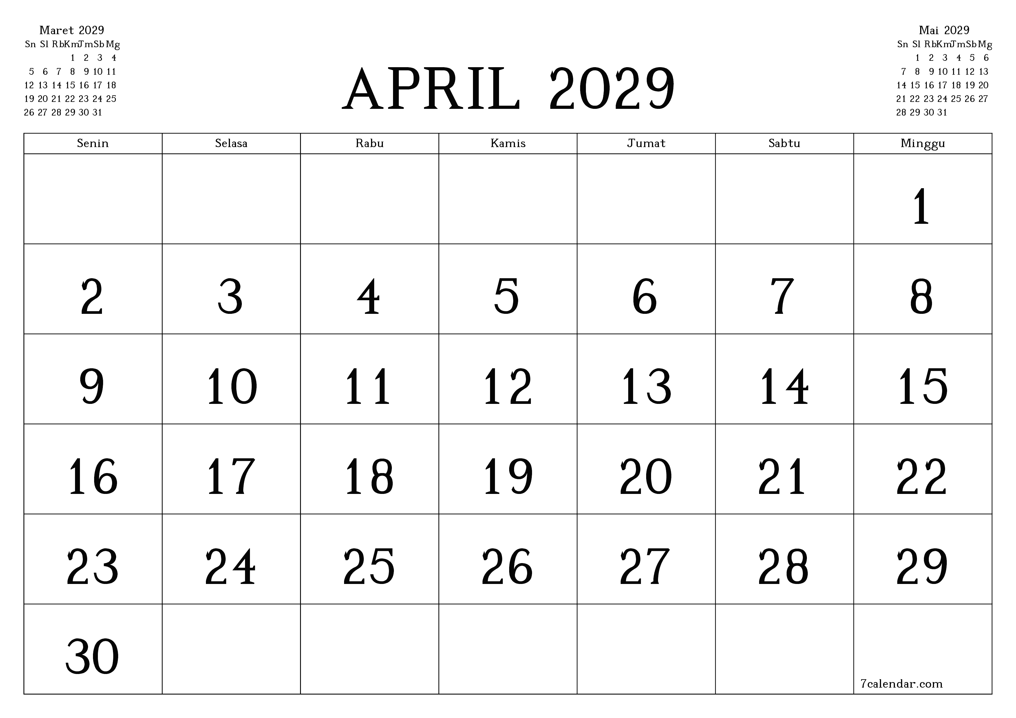 Kosongkan agenda bulanan untuk bulan April 2029 dengan catatan, simpan dan cetak ke PDF PNG Indonesian