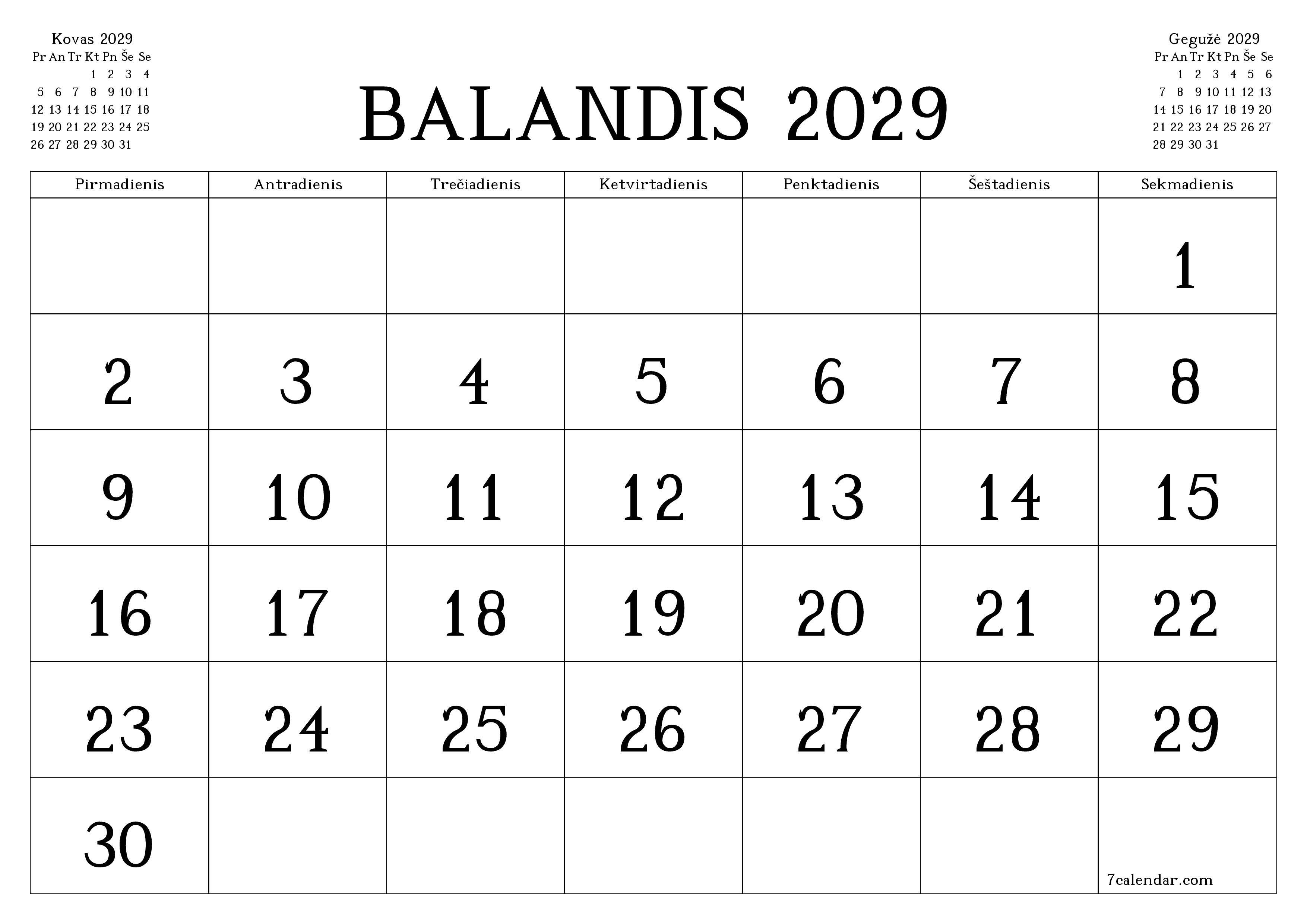 Ištuštinti mėnesio Balandis 2029 mėnesio planavimo priemonę su užrašais, išsaugoti ir atsispausdinti PDF formate PNG Lithuanian