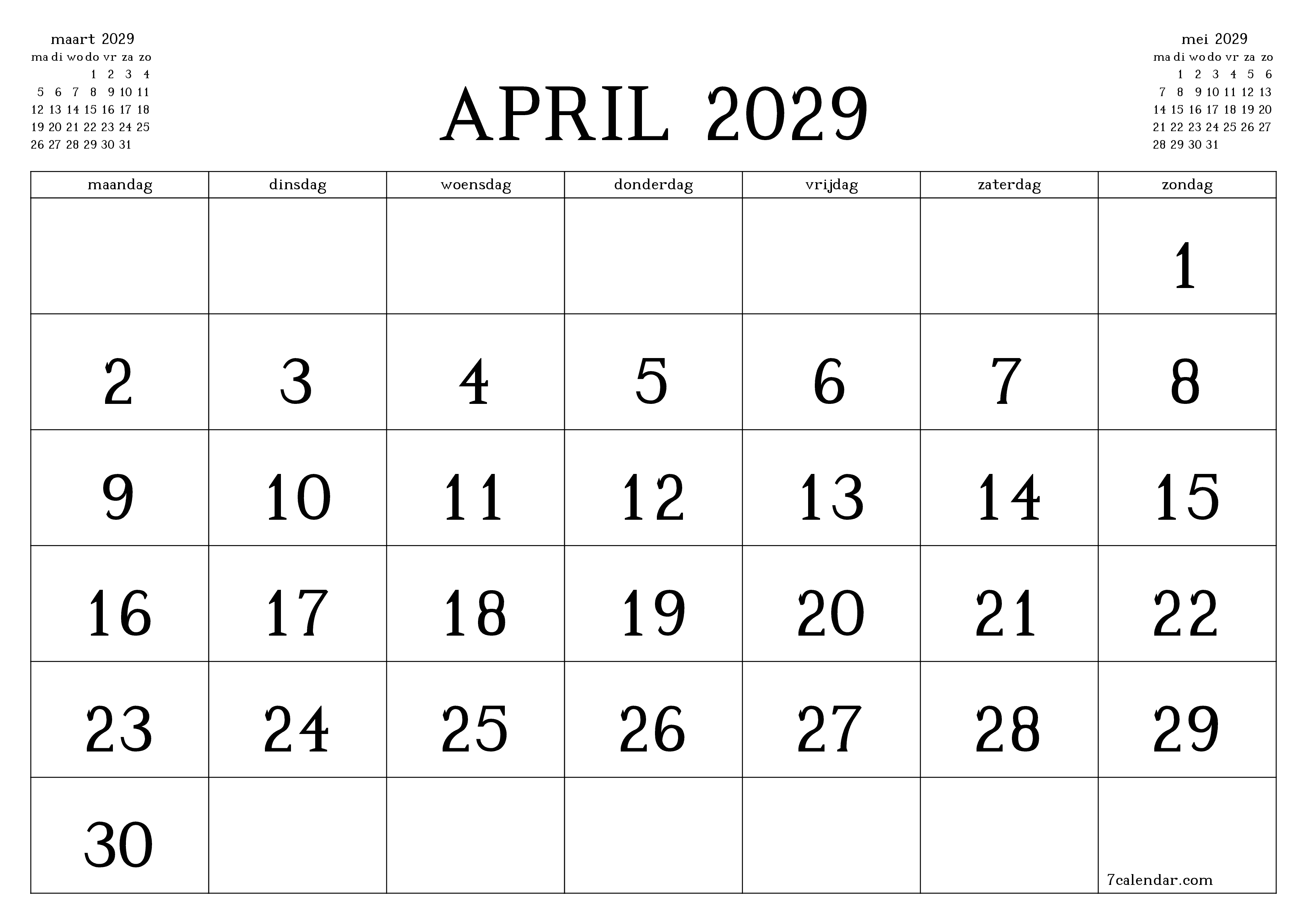 Lege maandplanner voor maand april 2029 met notities, opslaan en afdrukken naar pdf PNG Dutch