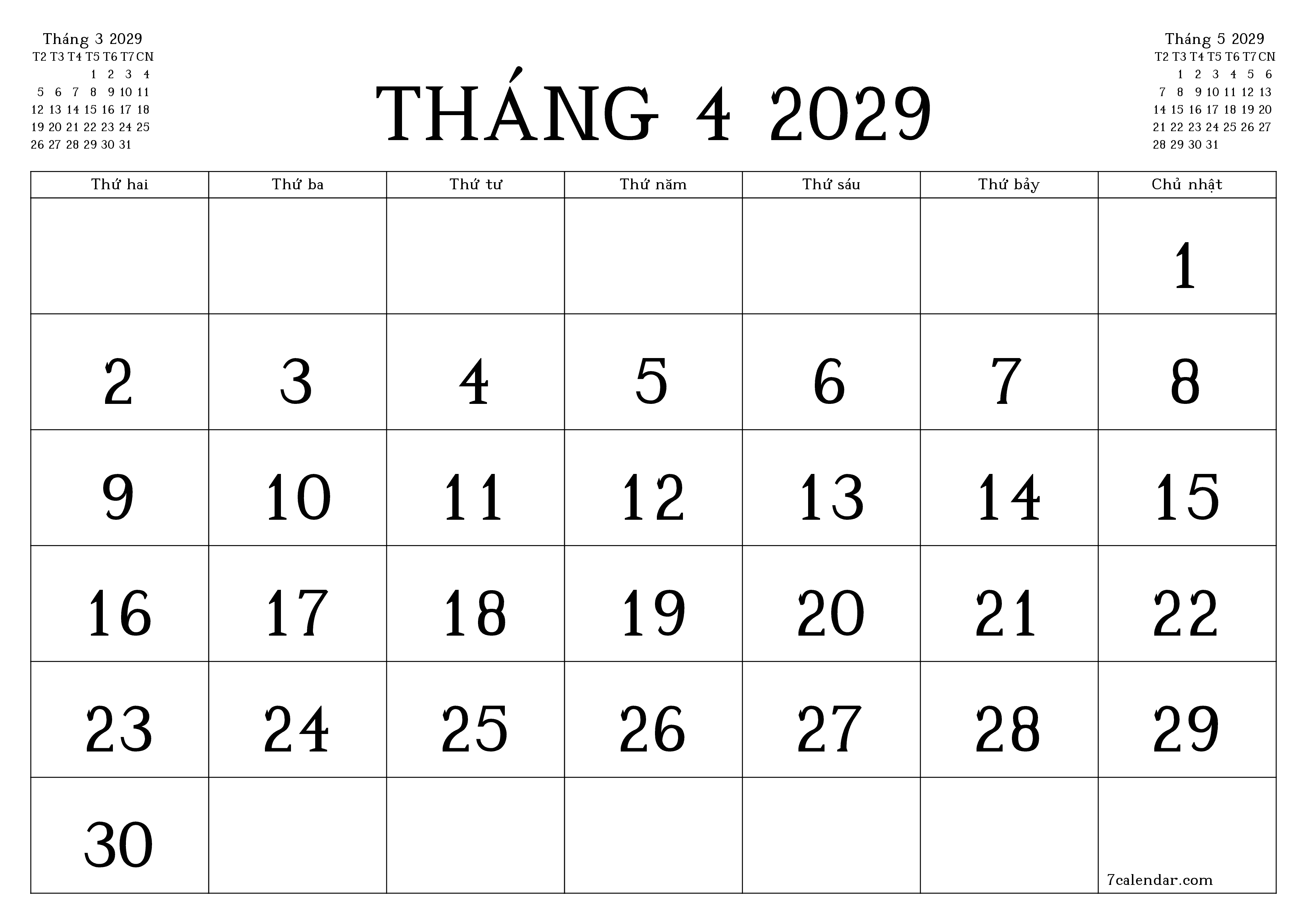 Công cụ lập kế hoạch hàng tháng trống cho tháng Tháng 4 2029 có ghi chú, lưu và in sang PDF PNG Vietnamese