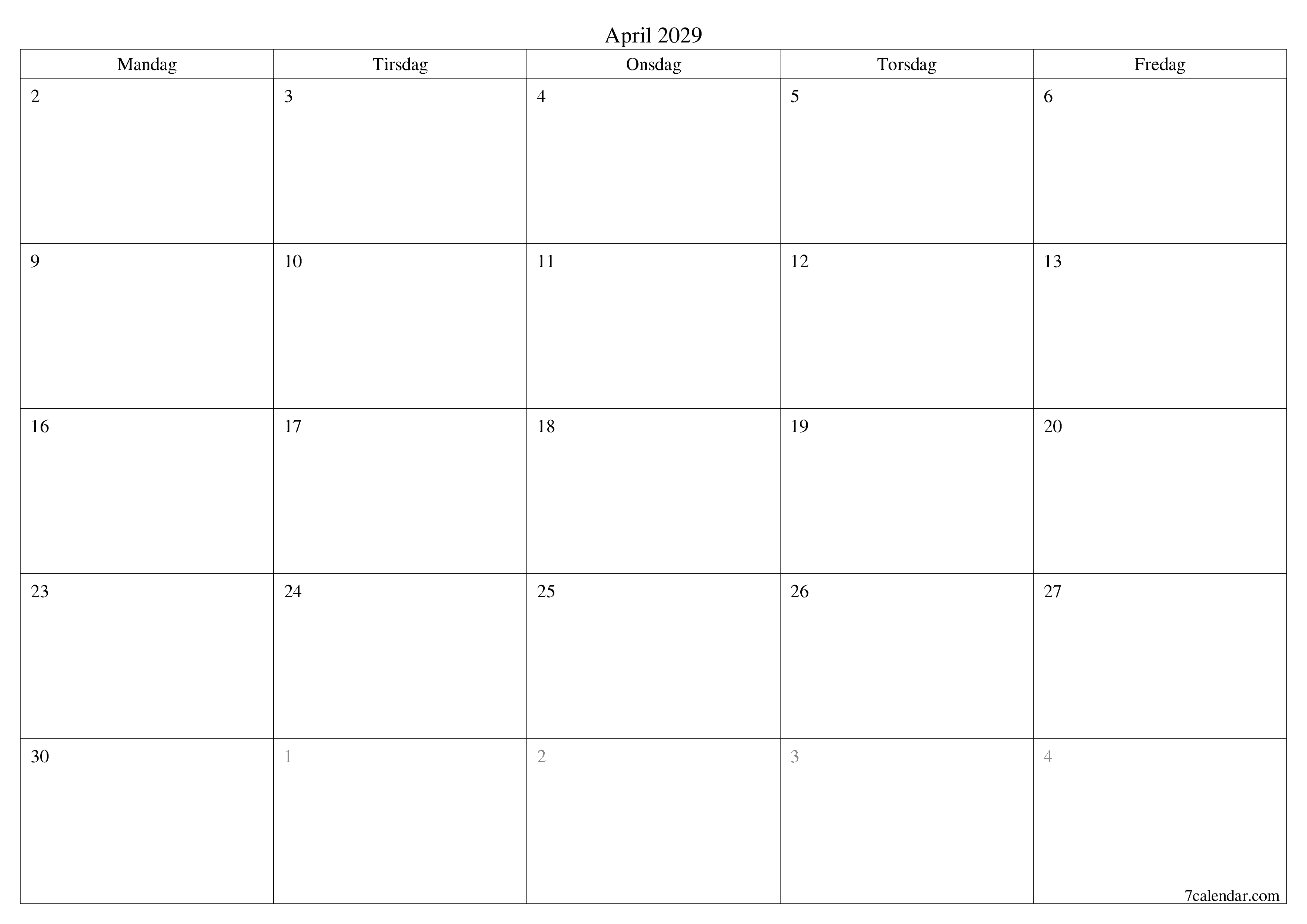 Tom månedlig planlegger for måned April 2029 med notater, lagre og skriv ut til PDF PNG Norwegian