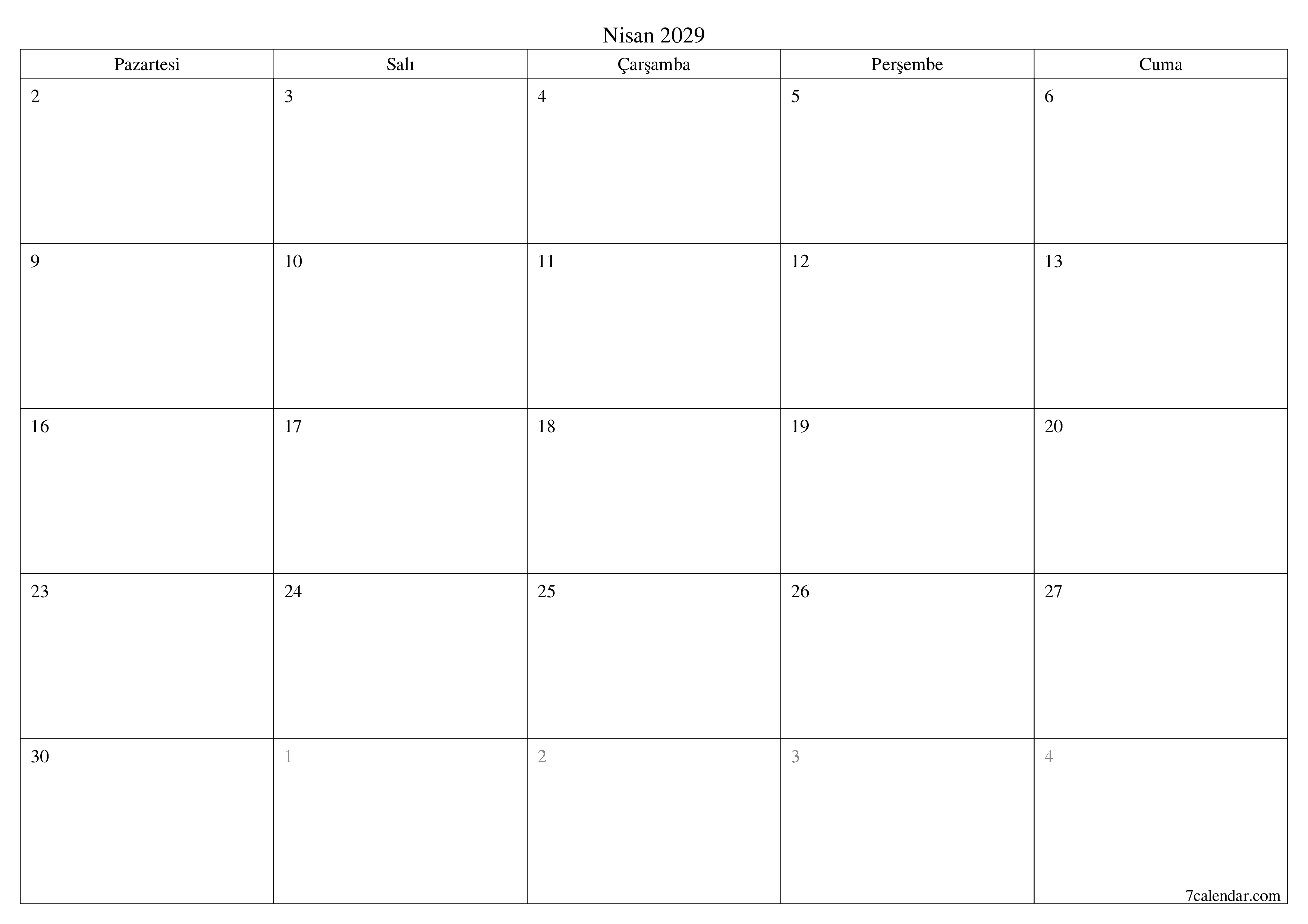 Nisan 2029 ayı için notlarla birlikte boş aylık planlayıcı, kaydedin ve PDF'ye yazdırın PNG Turkish