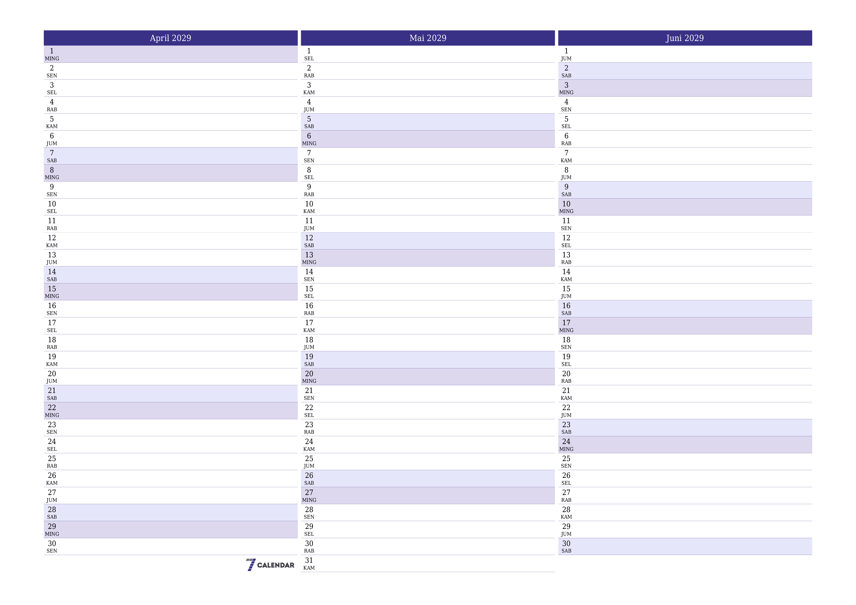 Kosongkan agenda bulanan untuk bulan April 2029 dengan catatan, simpan dan cetak ke PDF PNG Indonesian