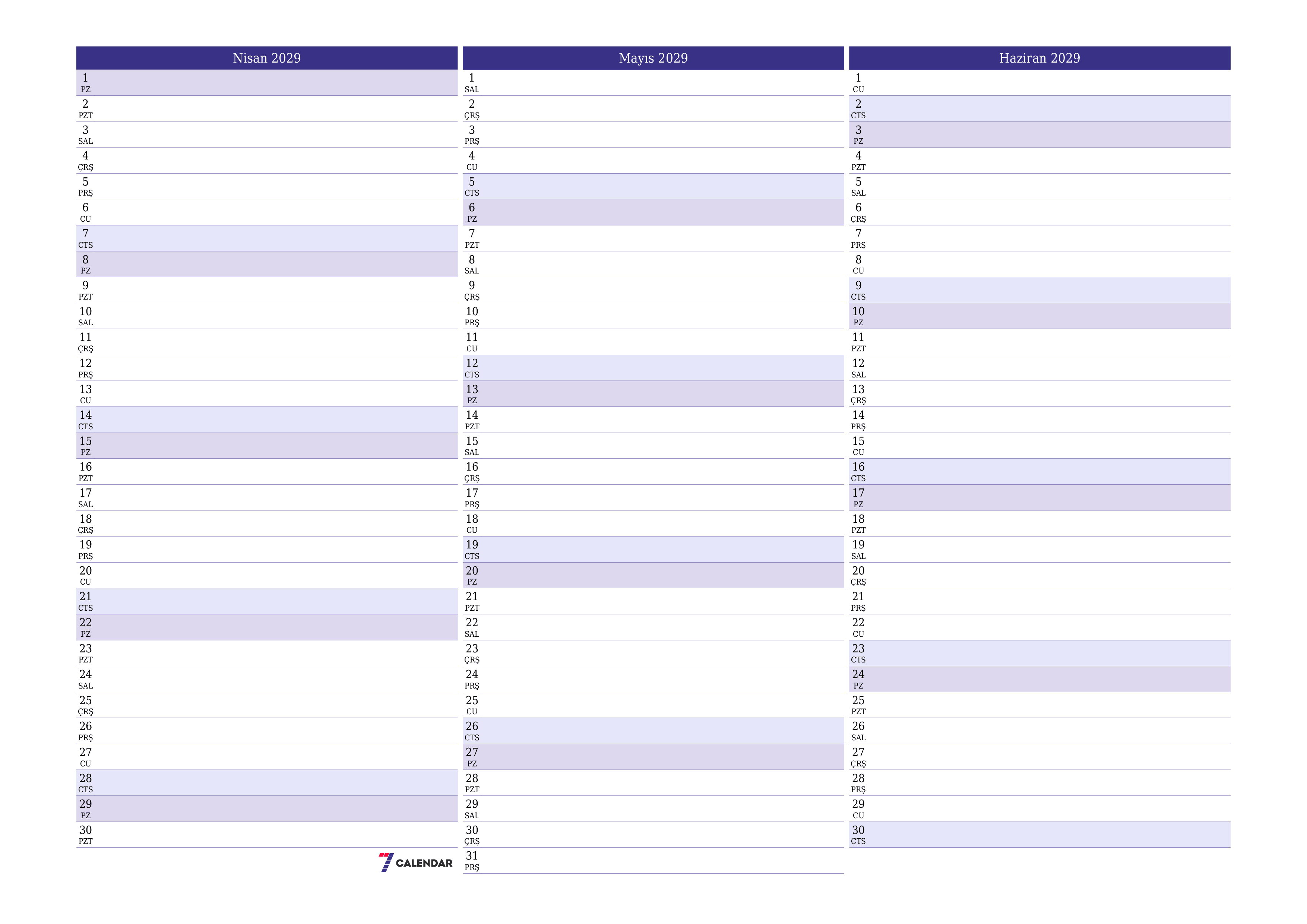 Nisan 2029 ayı için notlarla birlikte boş aylık planlayıcı, kaydedin ve PDF'ye yazdırın PNG Turkish