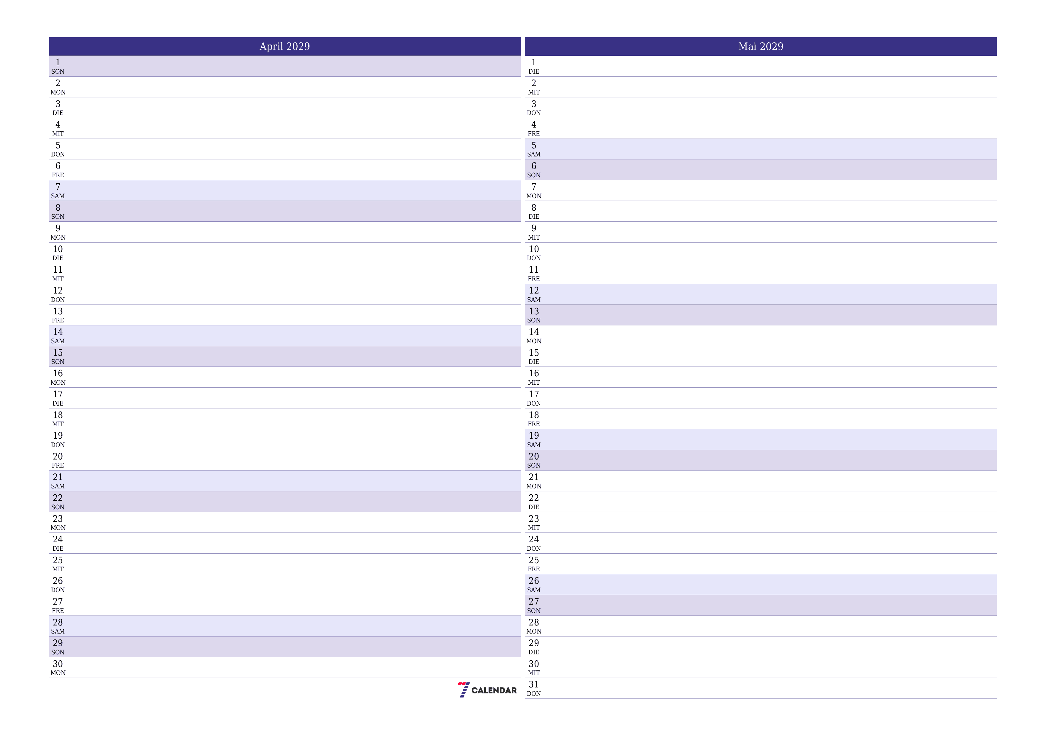 Monatsplaner für Monat April 2029 mit Notizen leeren, speichern und als PDF PNG German - 7calendar.com drucken