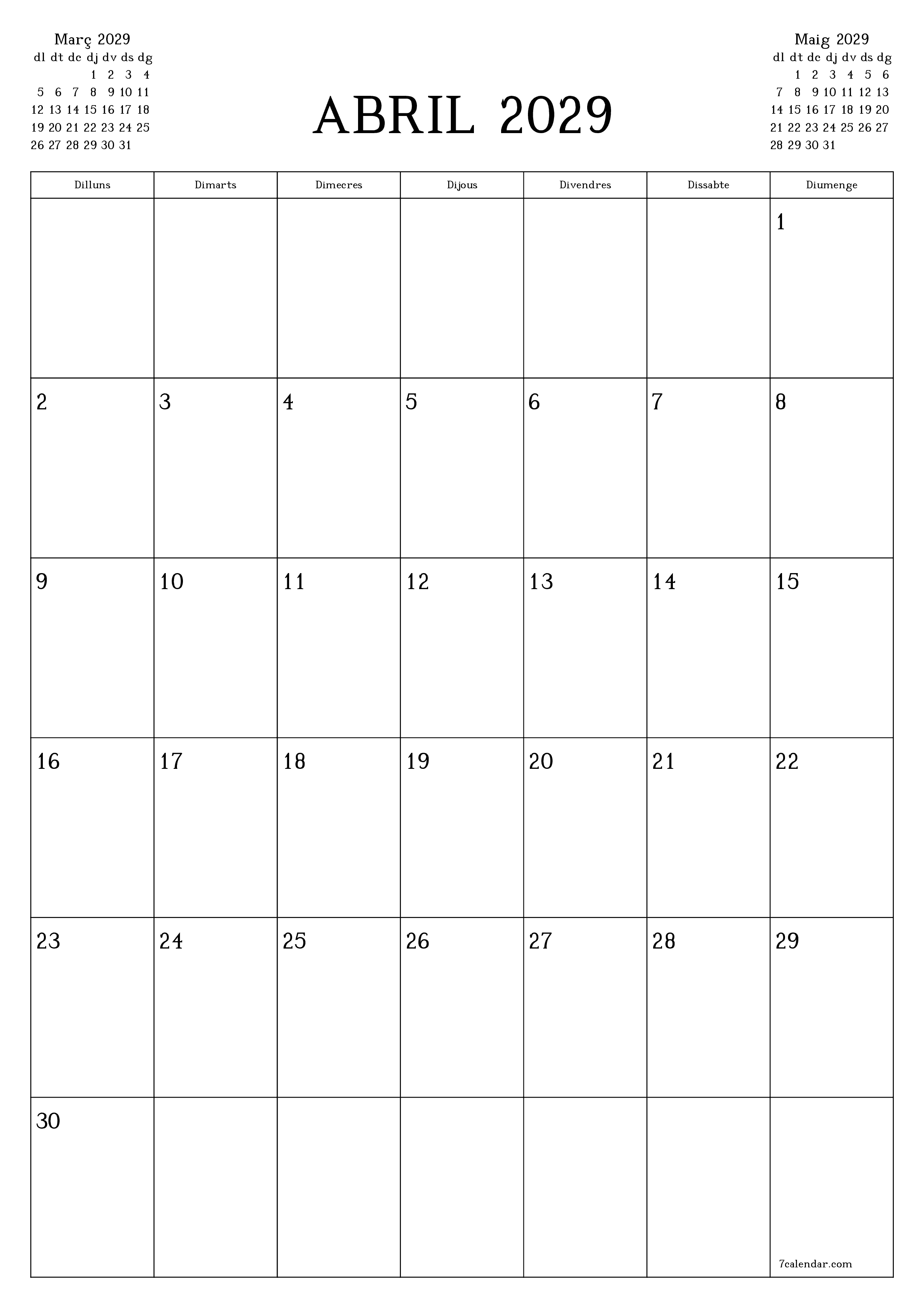 Planificador mensual buit del mes Abril 2029 amb notes, deseu-lo i imprimiu-lo en format PDF PNG Catalan