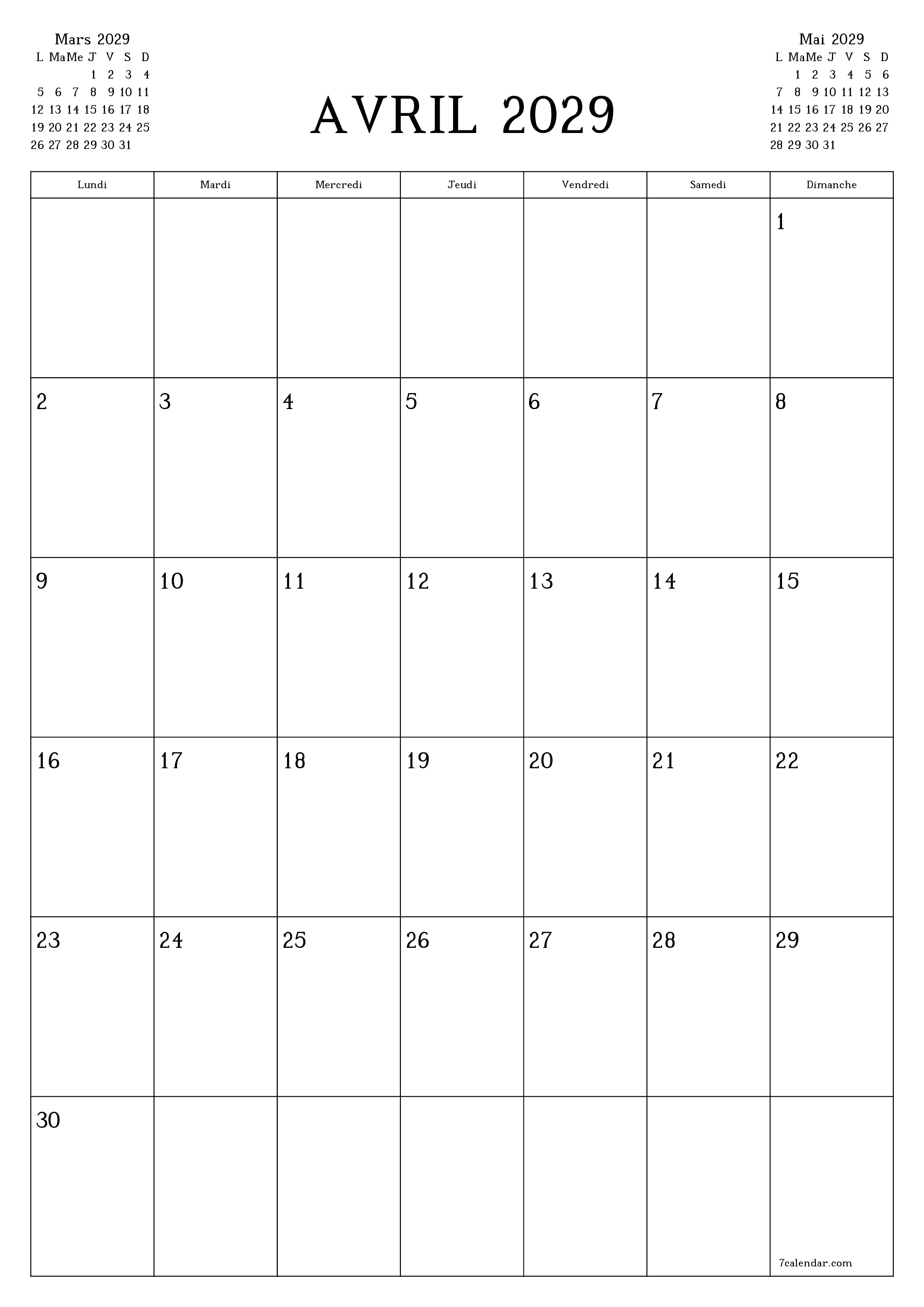  imprimable mural modèle de gratuitverticale Mensuel planificateur calendrier Avril (Avr) 2029