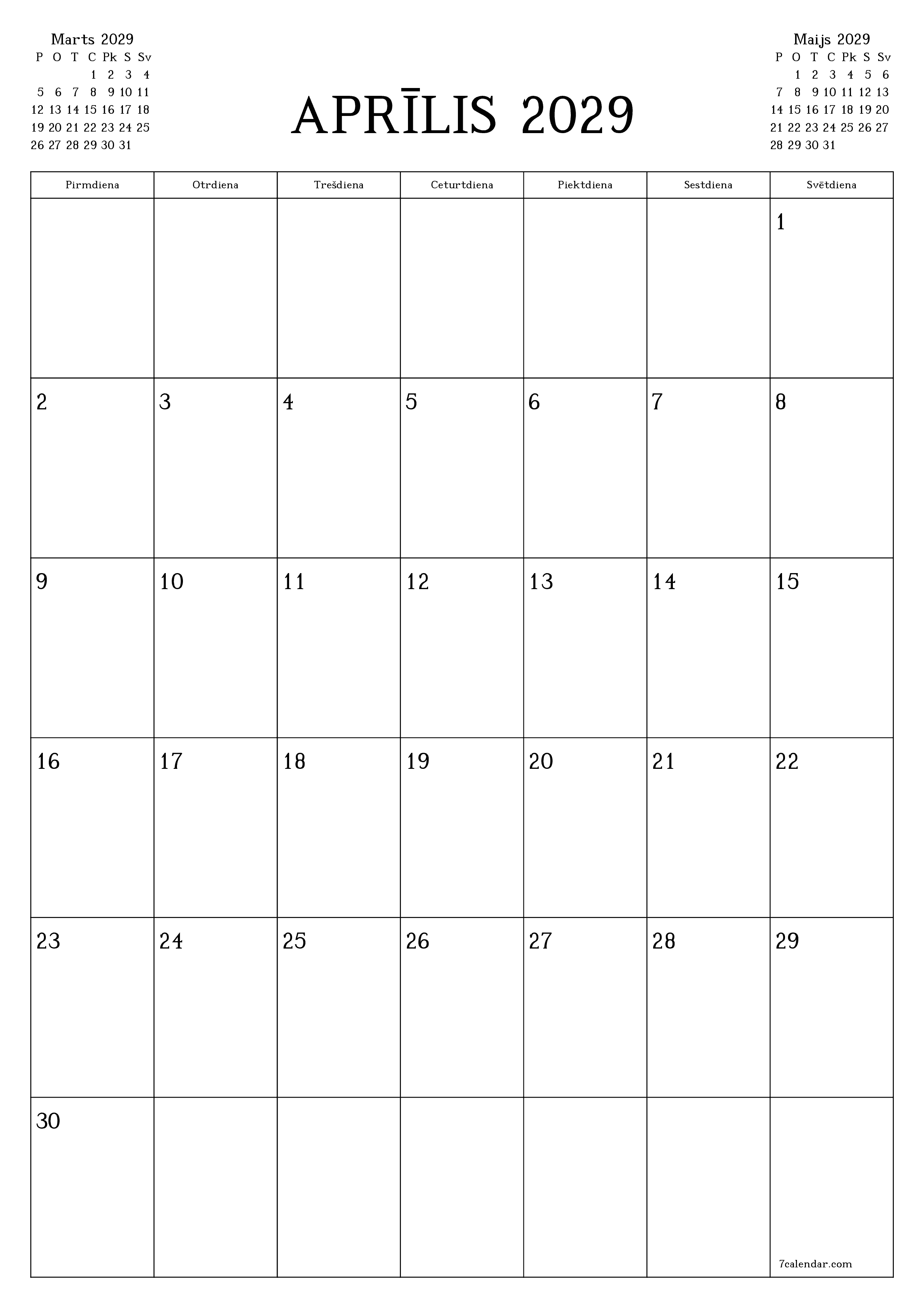 Iztukšot mēneša plānotāju mēnesim Aprīlis 2029 ar piezīmēm, saglabāt un izdrukāt PDF formātā PNG Latvian