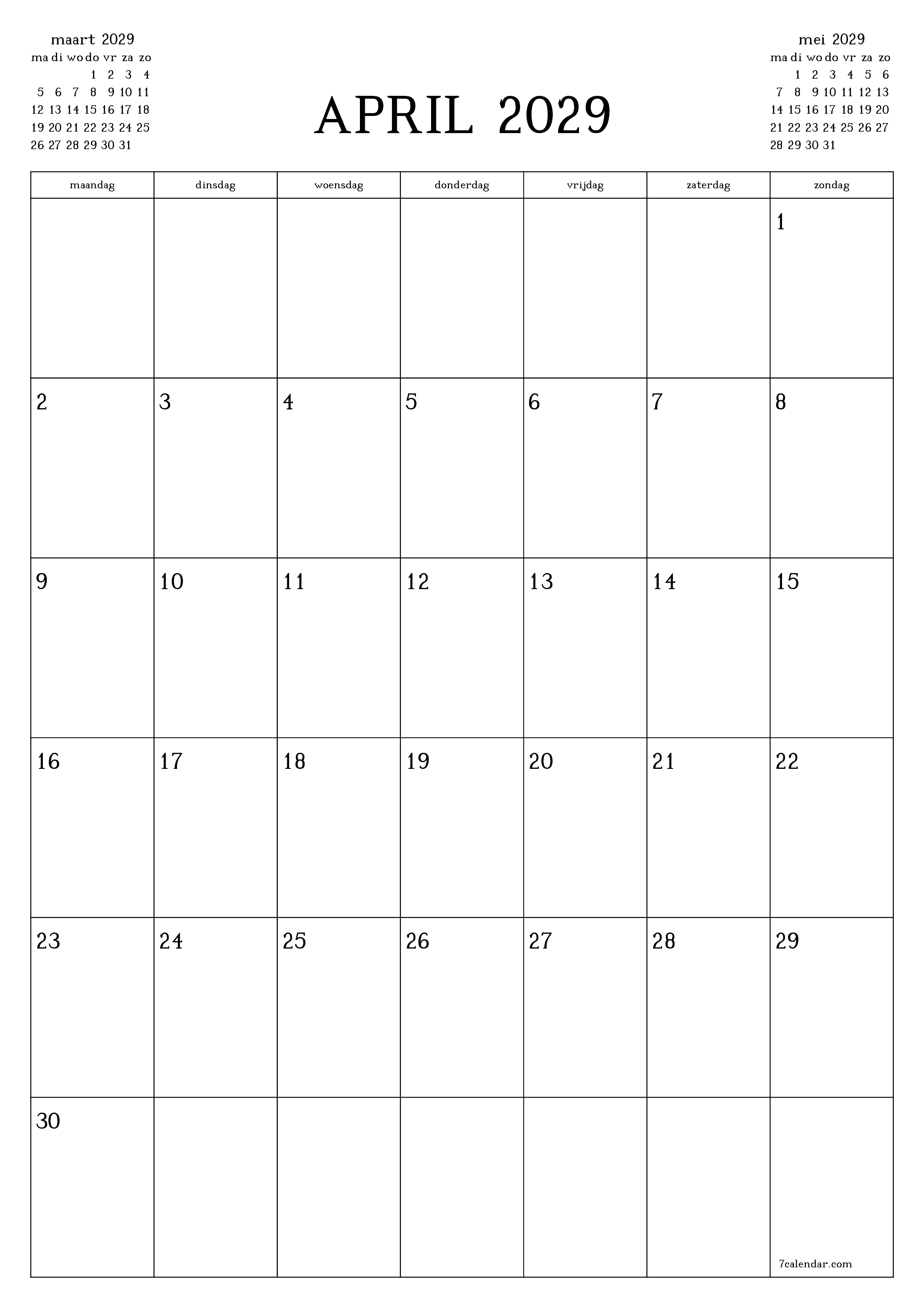 Lege maandplanner voor maand april 2029 met notities, opslaan en afdrukken naar pdf PNG Dutch